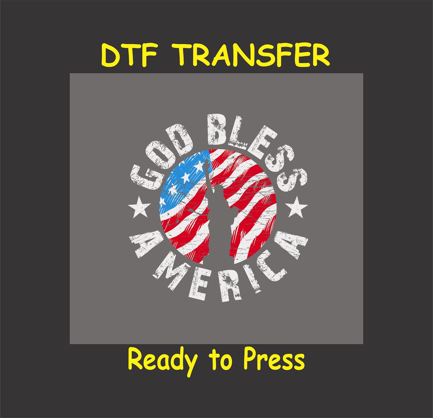 DTF transfer with god bless america text and Statue of Liberty inside a flag circle.