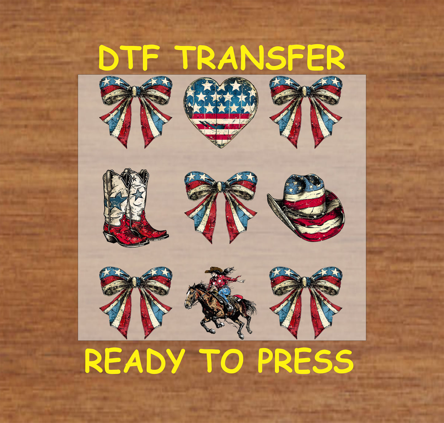 Nine-piece Americana DTF sheet with bows, heart, cowboy hat, boots, and cowgirl rider in flag colors.