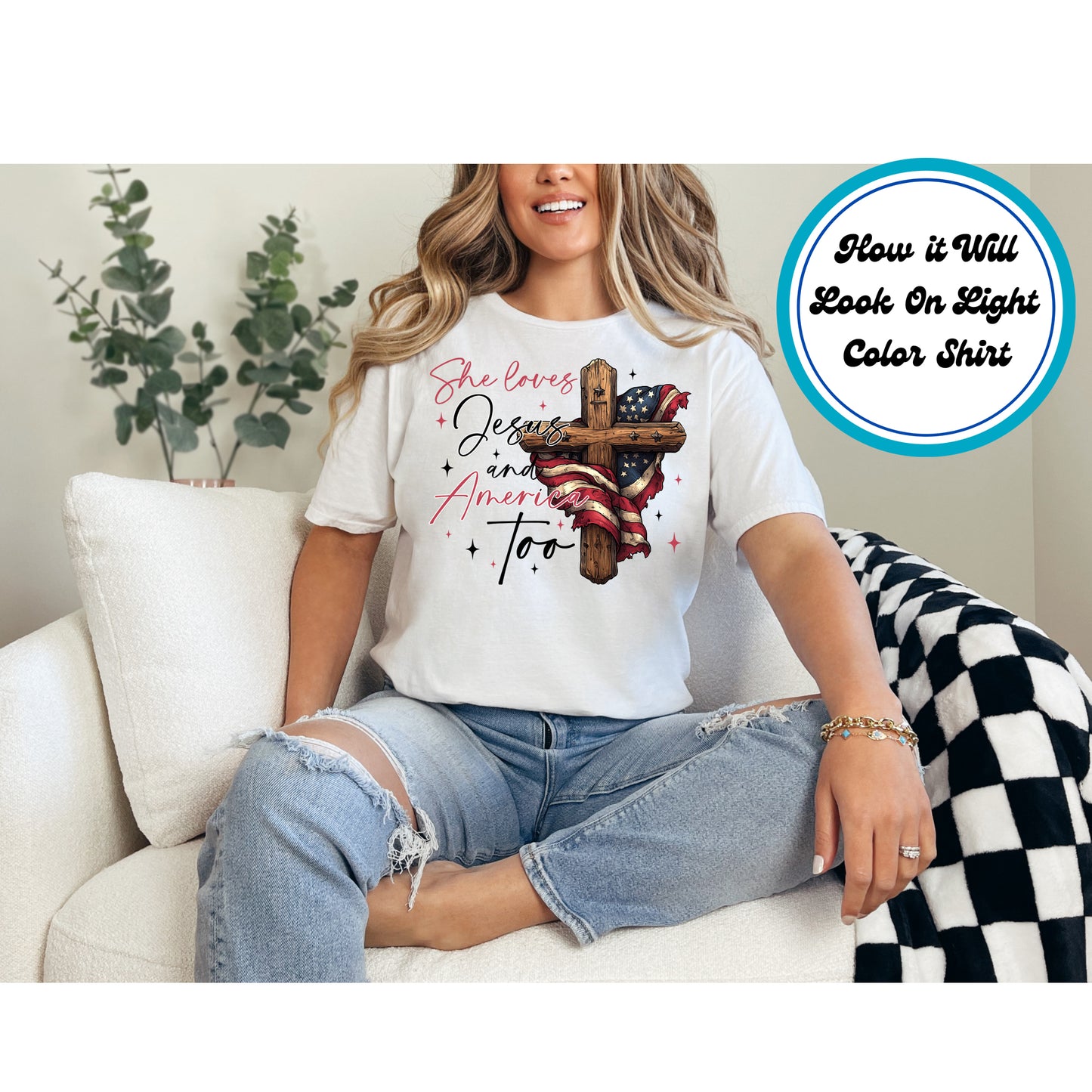 4th Of July DTF Transfer Iron On Heat Transfer - Ready to Press, She Loves Jesus and America Too DTF Transfer 8196