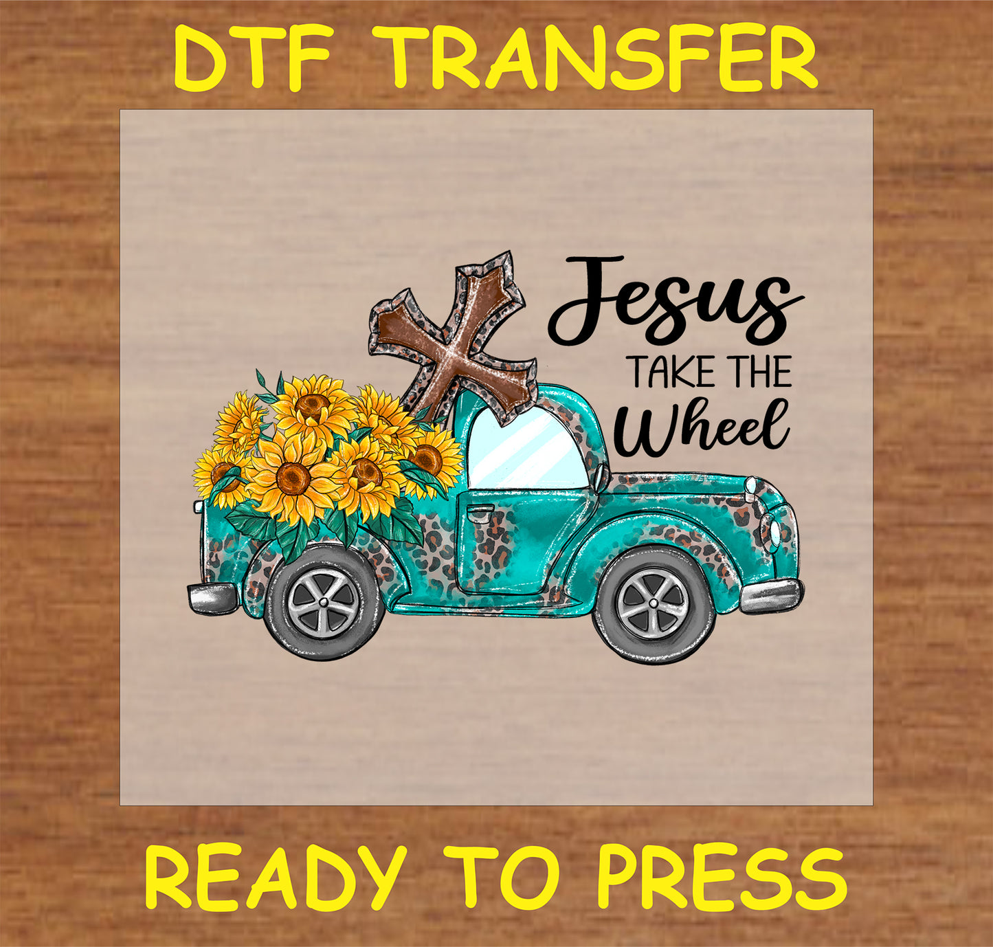 "Jesus Take the Wheel DTF Transfer featuring a floral car design for inspirational projects"