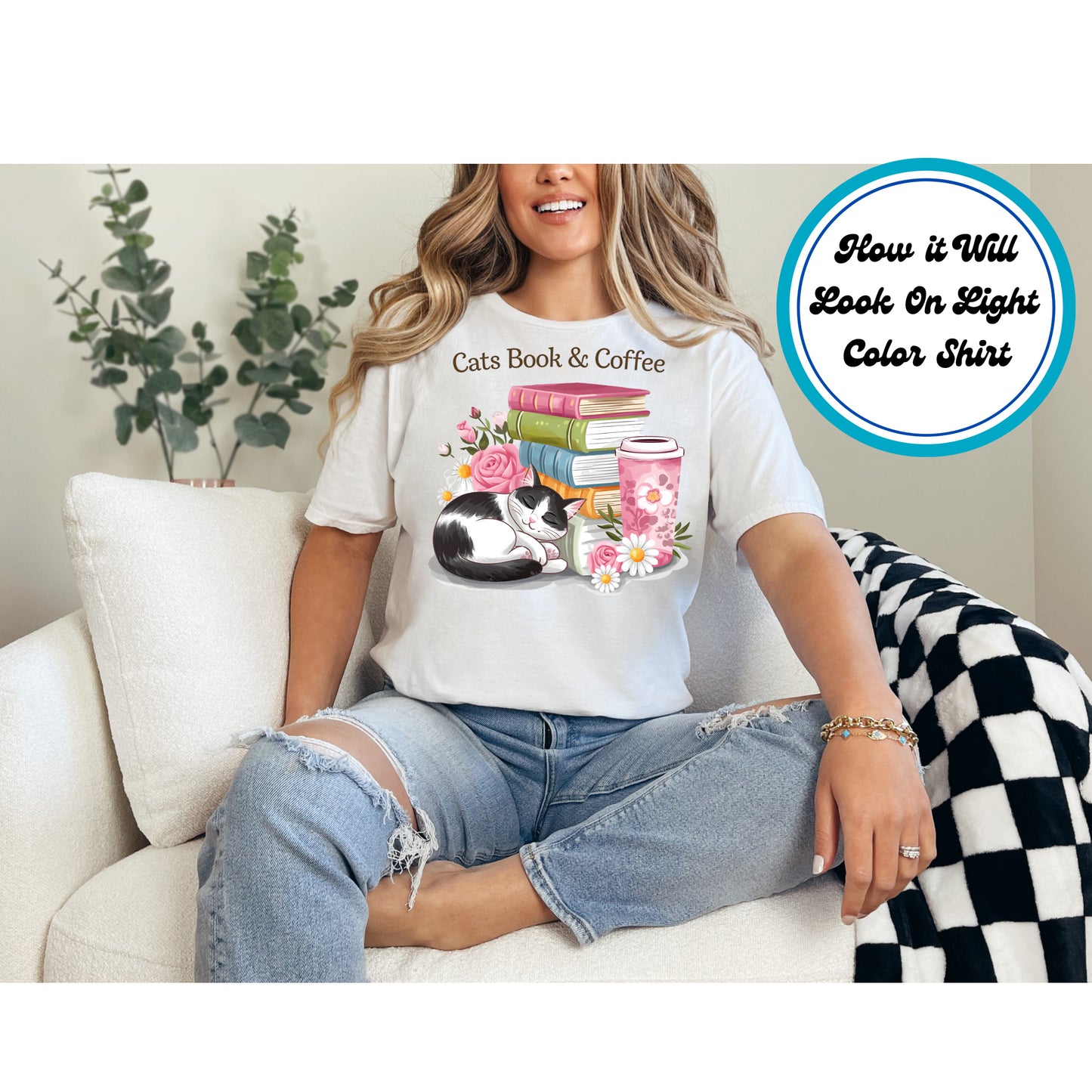 Book Lover DTF Transfer Iron On Heat Transfer - Ready to Press, Cats Book and Coffee DTF Transfer 8440