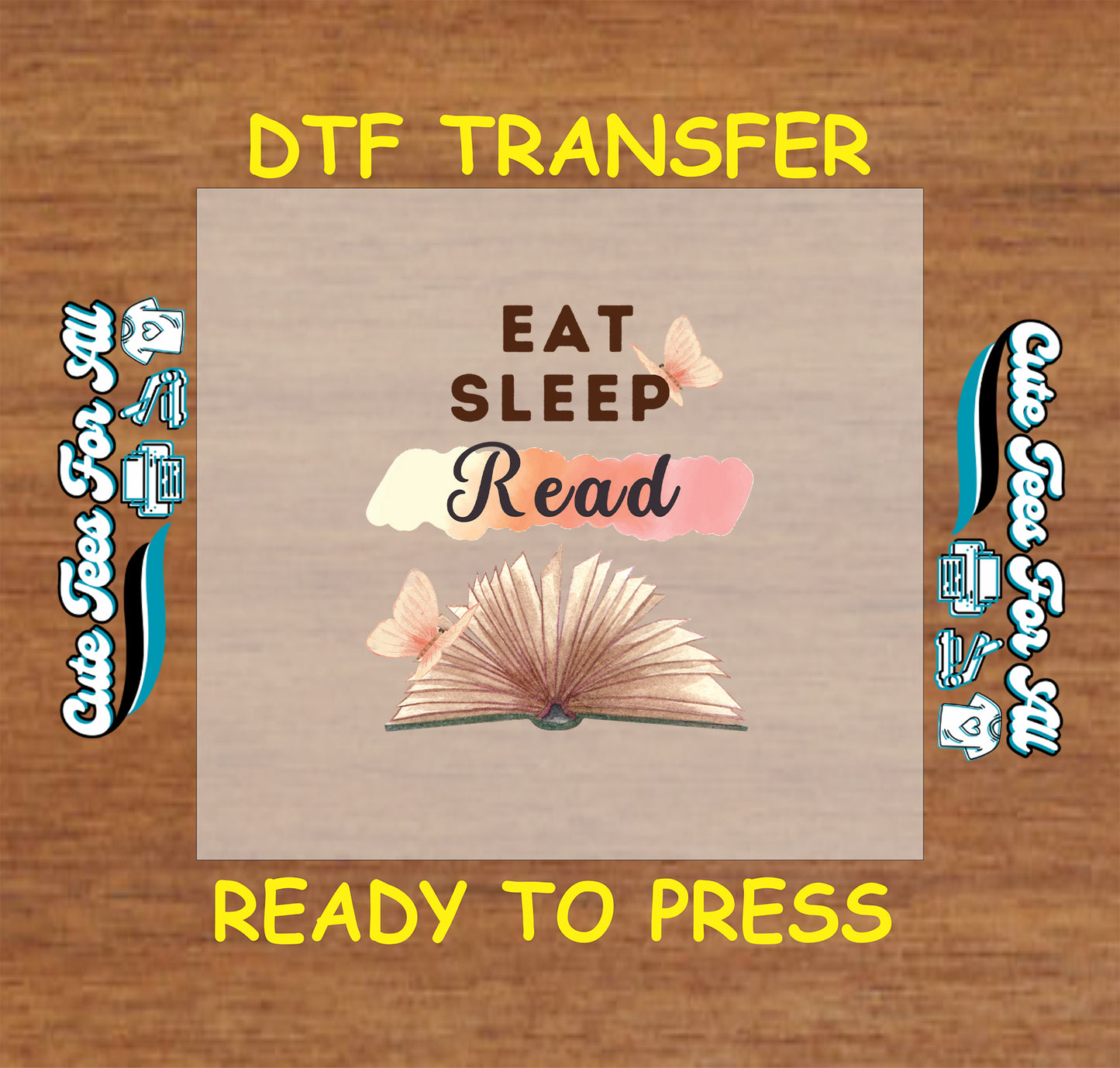 Eat Sleep Read with butterflies and open book in pastel tones.