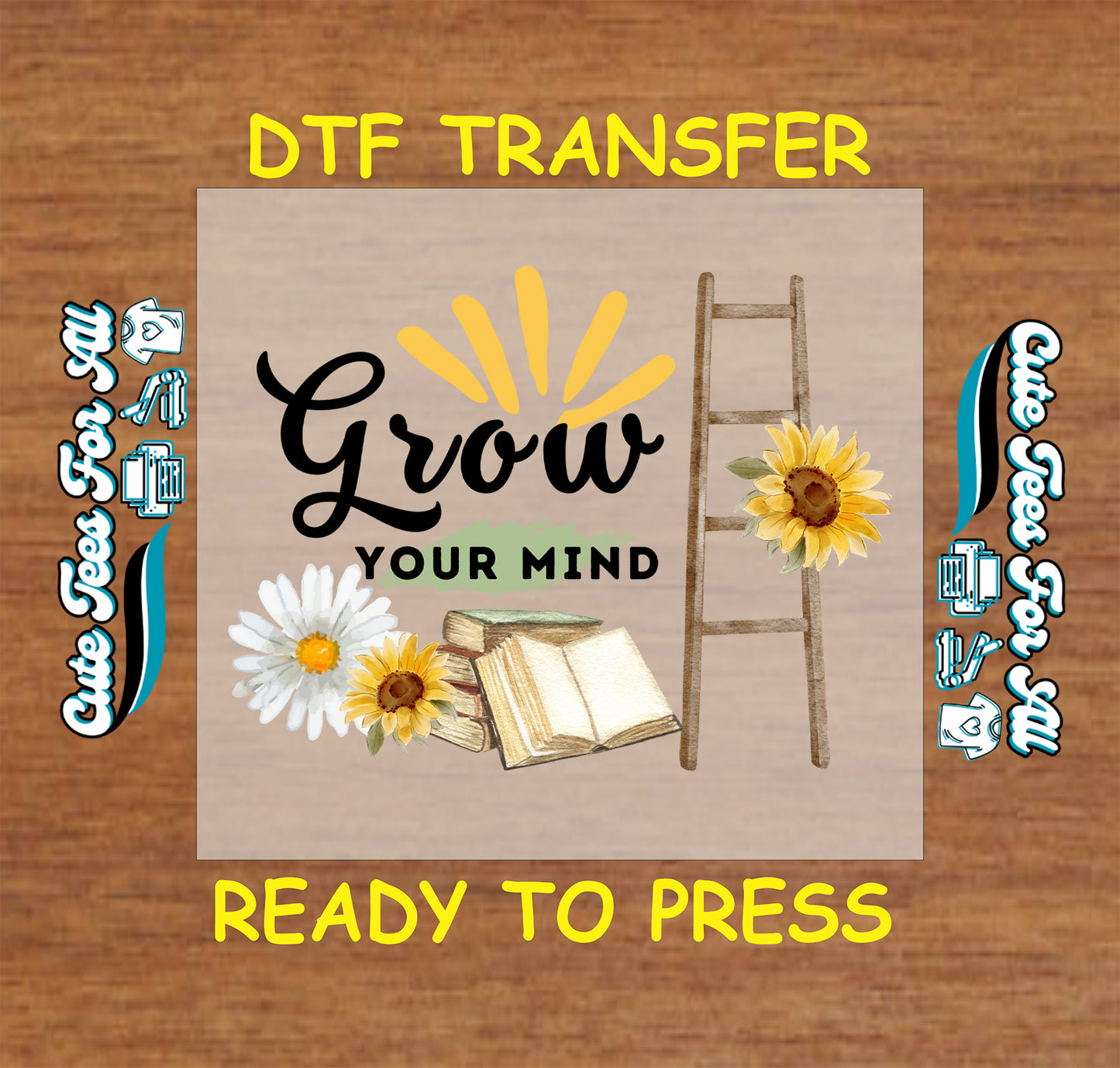 Open book with daisies, sunflowers, ladder, and “Grow Your Mind” quote in cheerful colors.