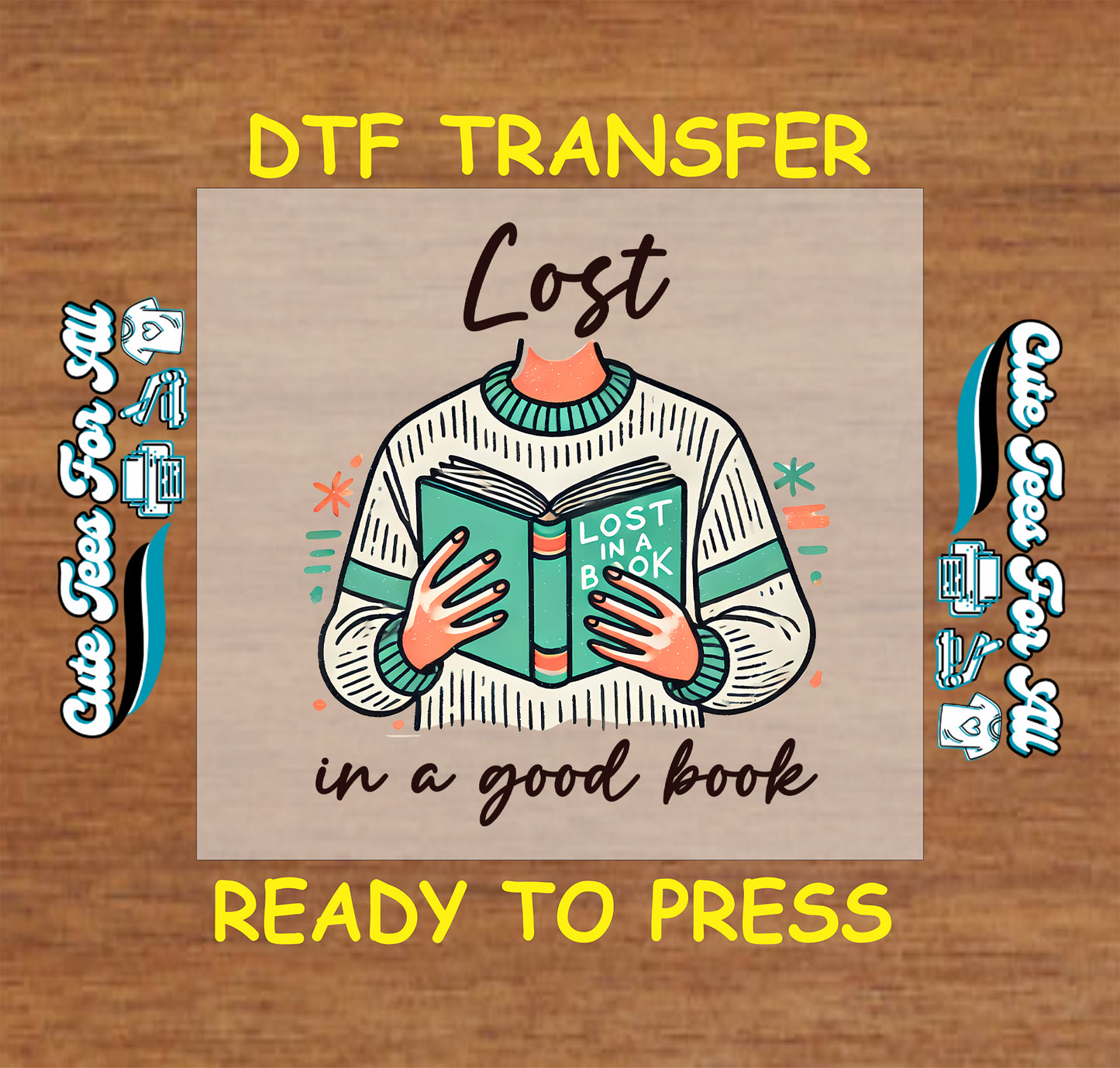 DTF transfer showing a headless person holding a book with text “Lost in a good book”