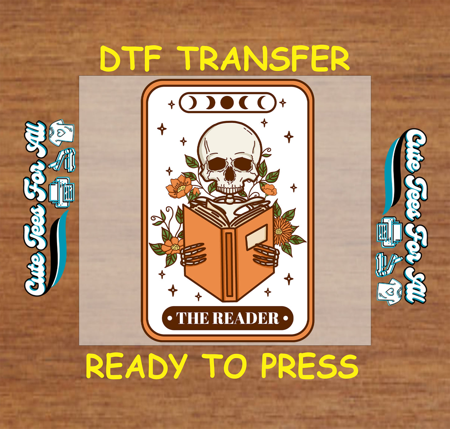 DTF transfer of a tarot-style skull holding a book with floral details and “The Reader” label.