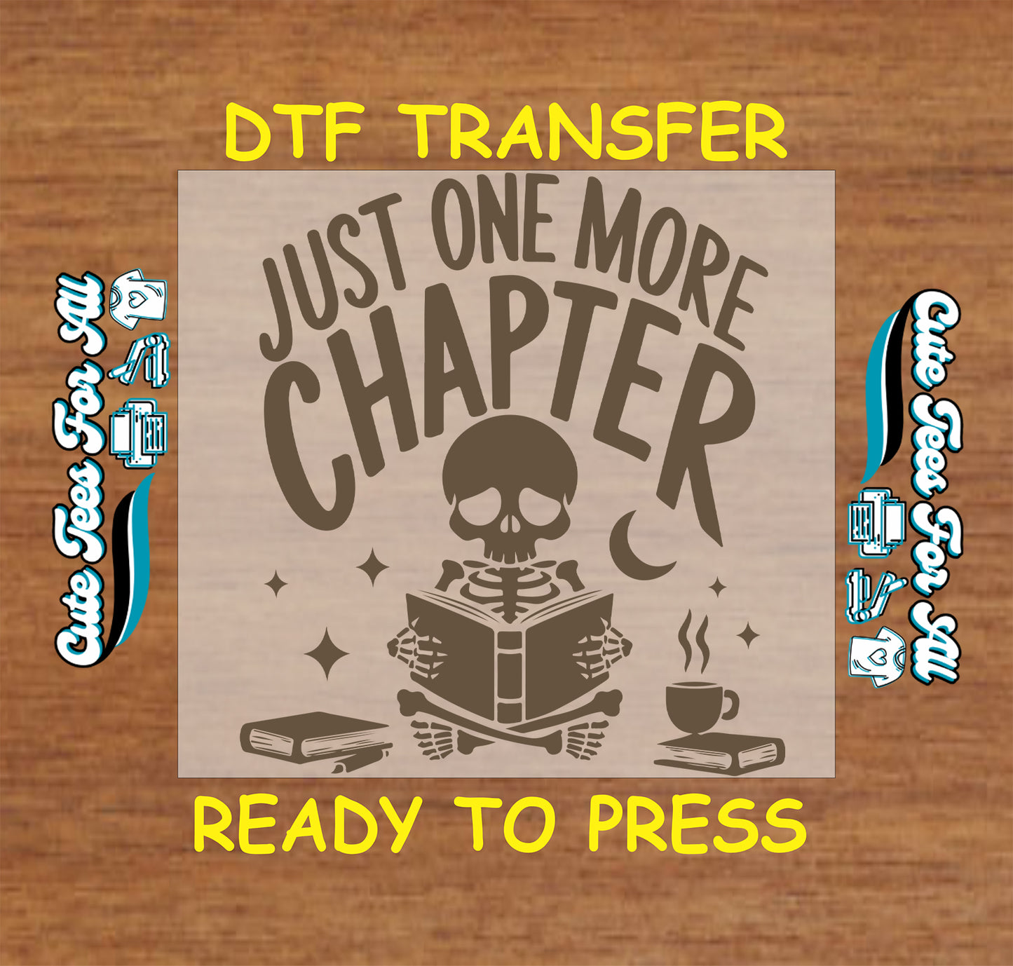 Skeleton reading with “Just One More Chapter” quote in solid brown print.