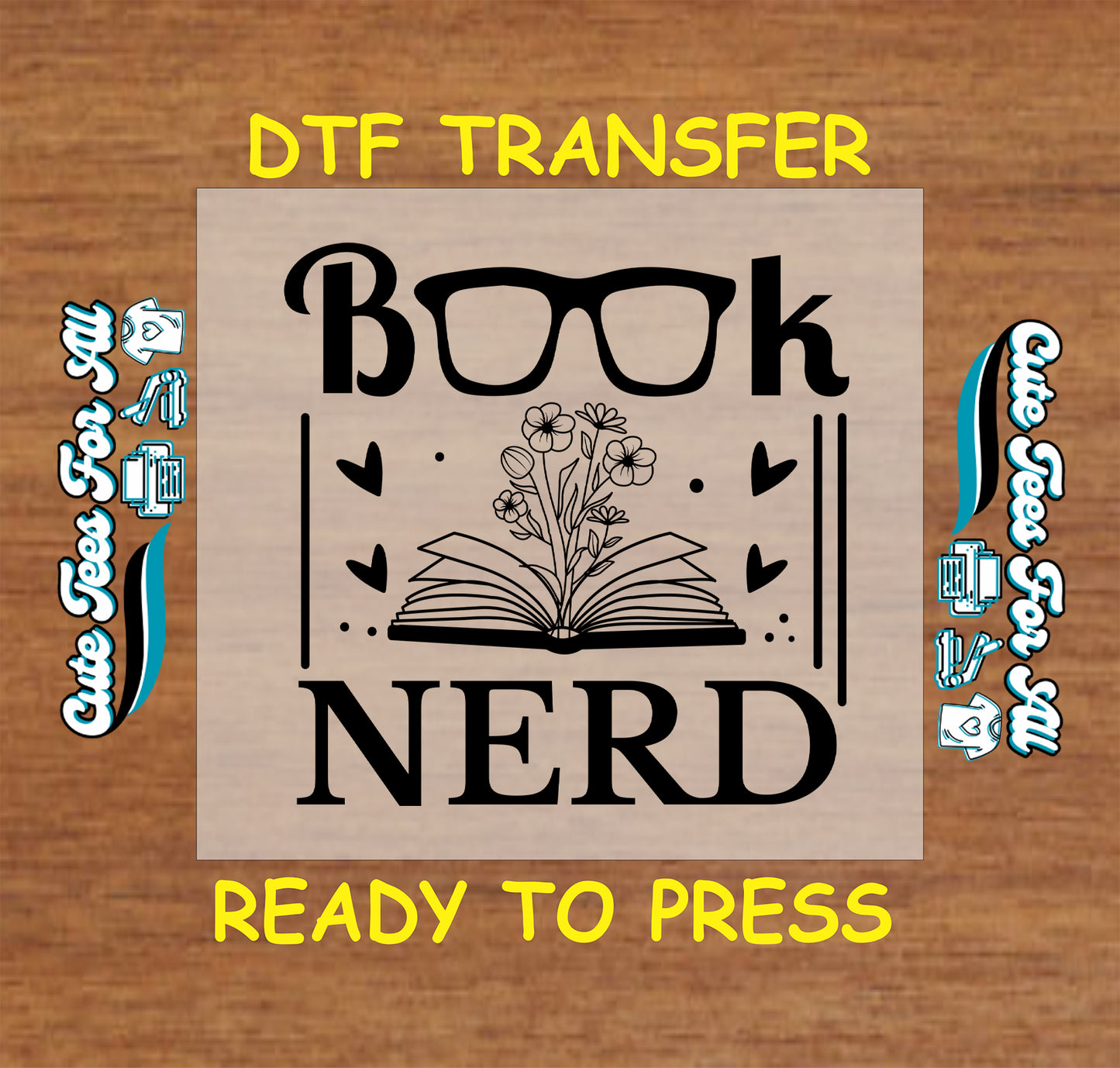 Book Nerd text with glasses, open book, and flowers sprouting from pages.