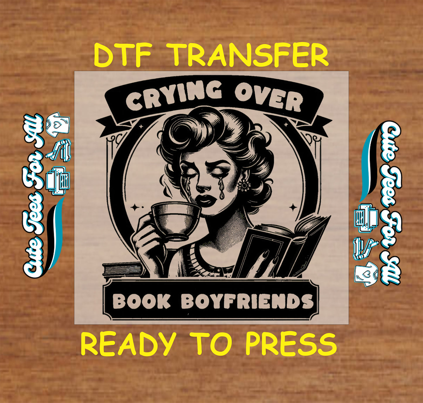 Vintage-style woman crying while holding a cup and reading a book, text says "Crying Over Book Boyfriends"