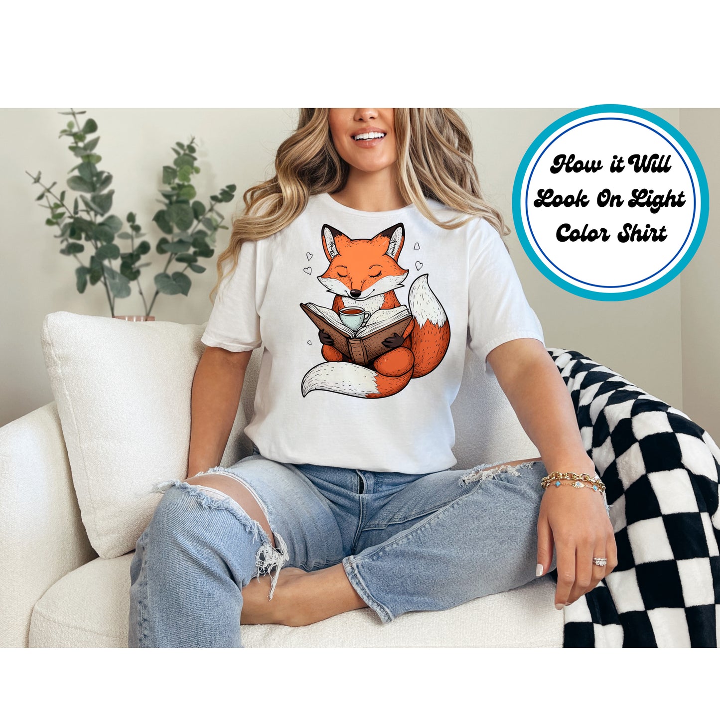 Book Lover DTF Transfer Iron On Heat Transfer - Ready to Press, Fox Reading with Coffee DTF Transfer 8700