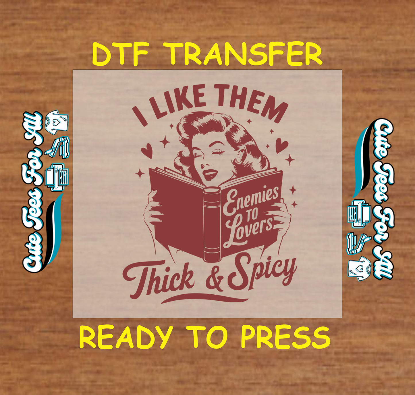 Retro woman reading a book labeled “Enemies to Lovers” with “Thick & Spicy” text.