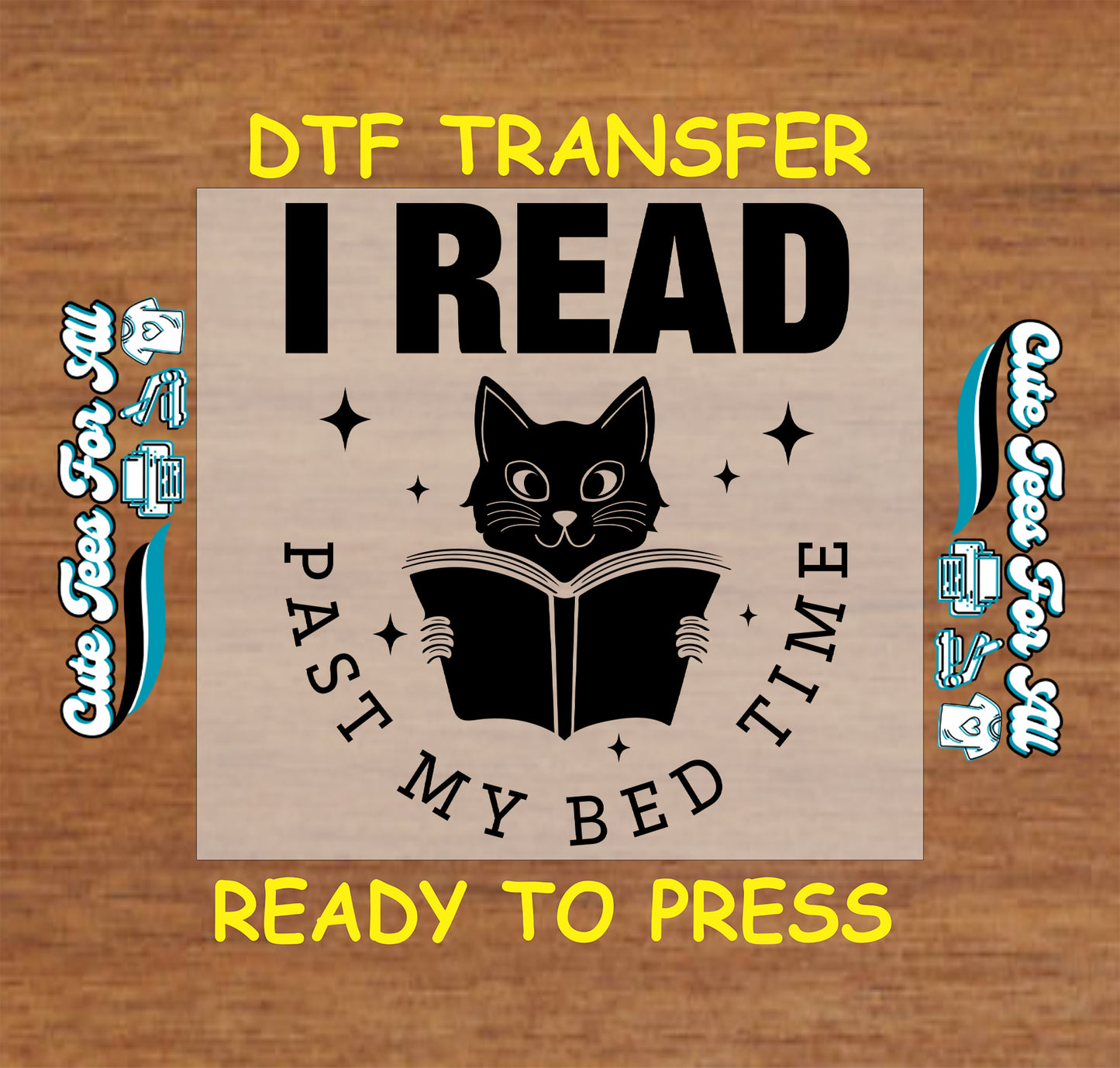 Black cat holding a book with curved text reading "I Read Past My Bed Time"