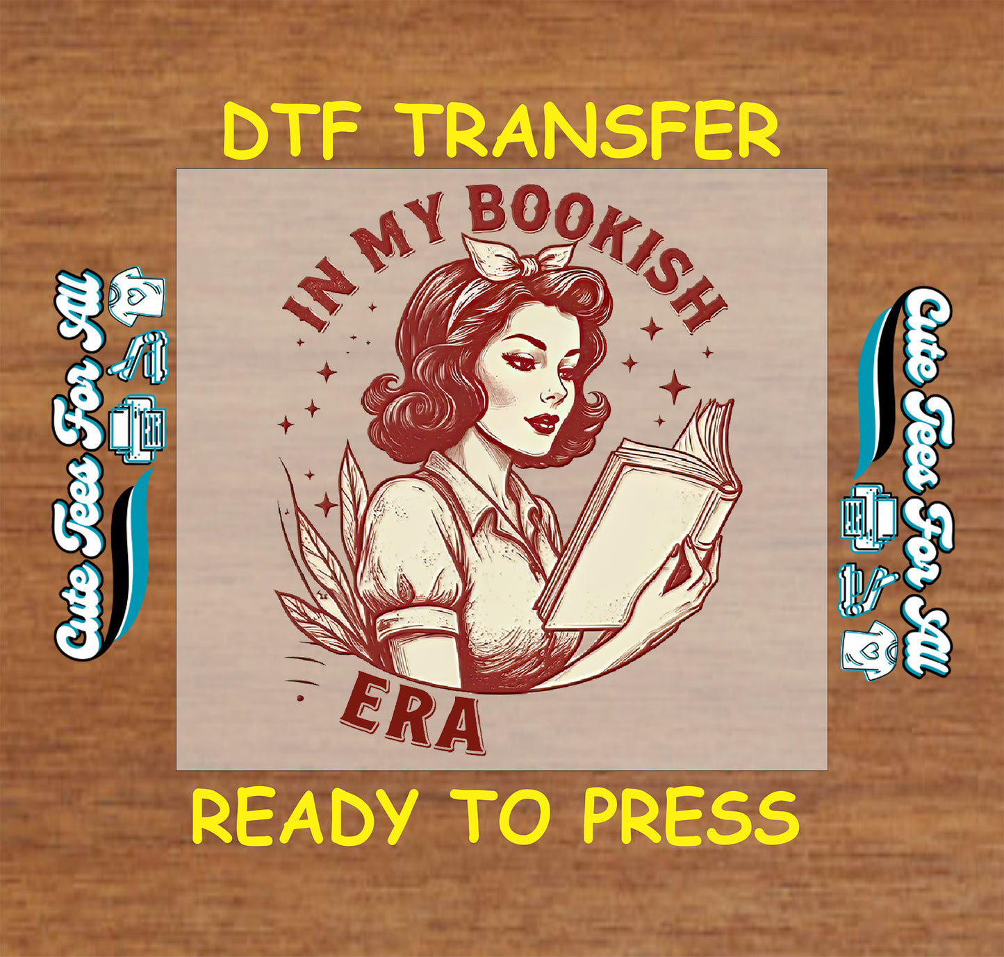 Vintage woman reading with “In My Bookish Era” text and star accents.