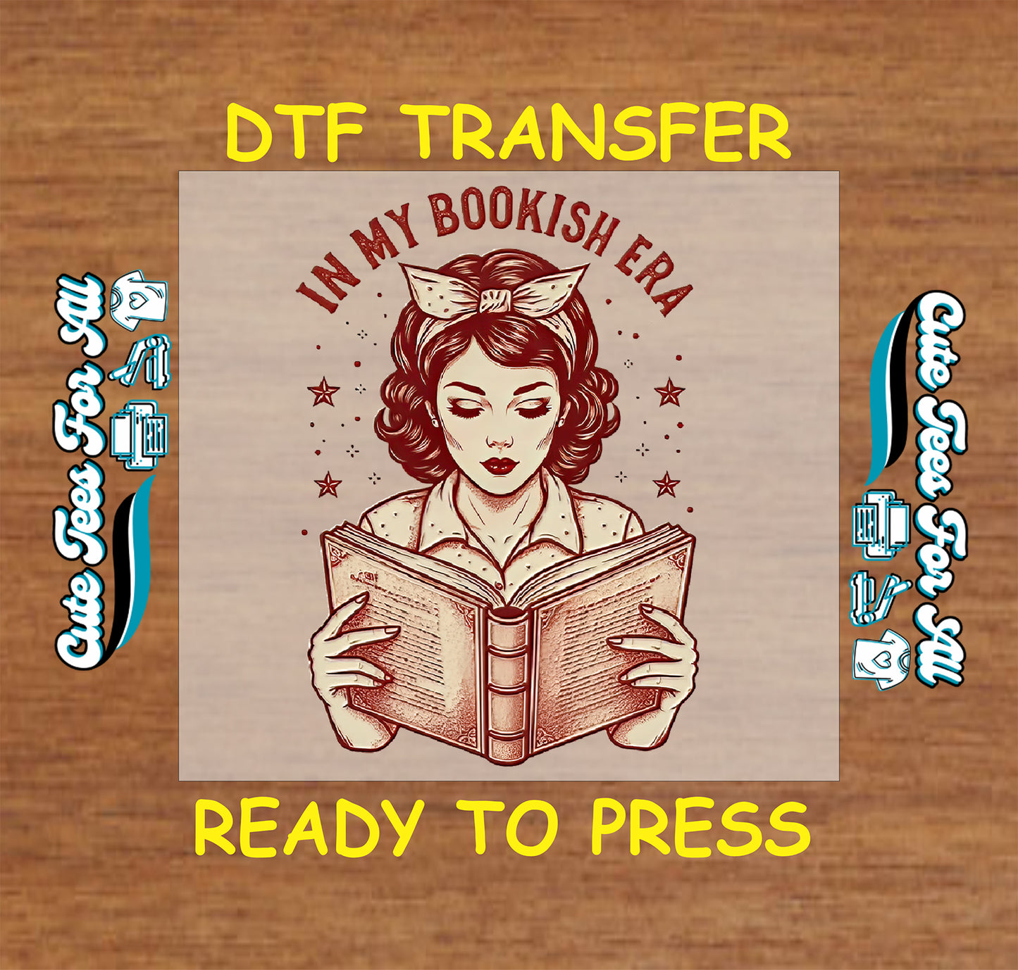 Retro-style DTF transfer with woman reading a book and text that says "In My Bookish Era"