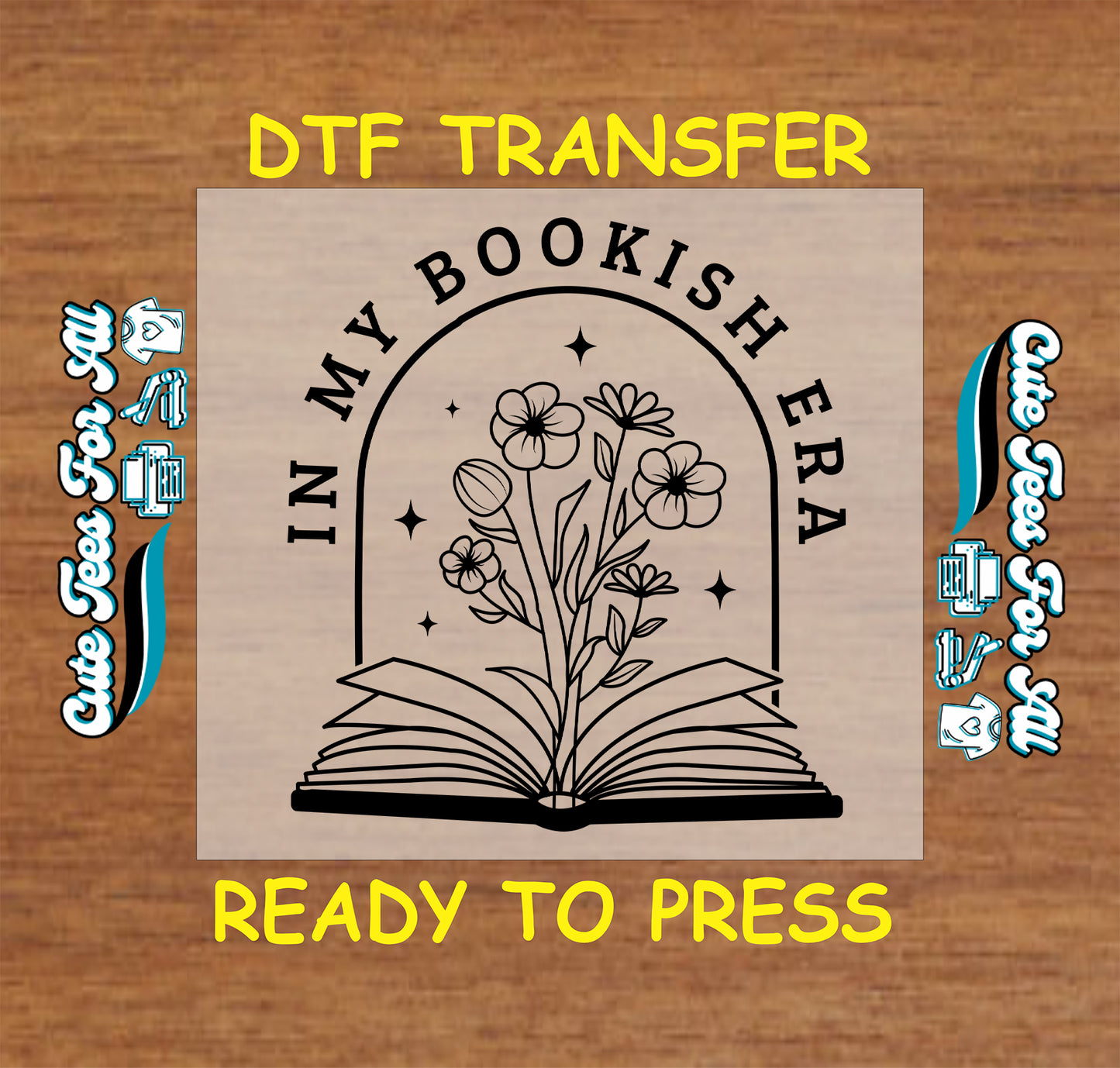Minimal floral DTF transfer with open book and text that says "In My Bookish Era"