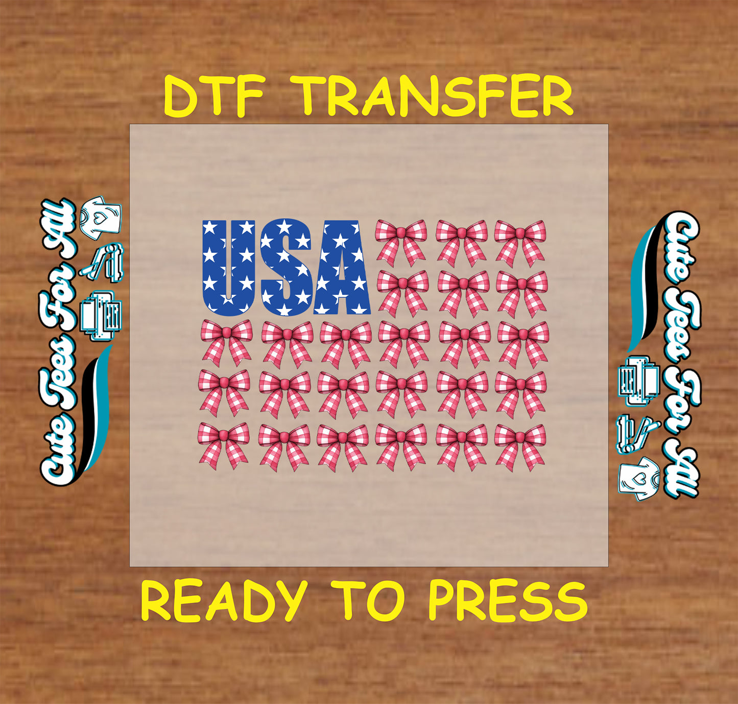 DTF transfer with “USA” in blue stars and red gingham bows arranged in rows for Fourth of July.
