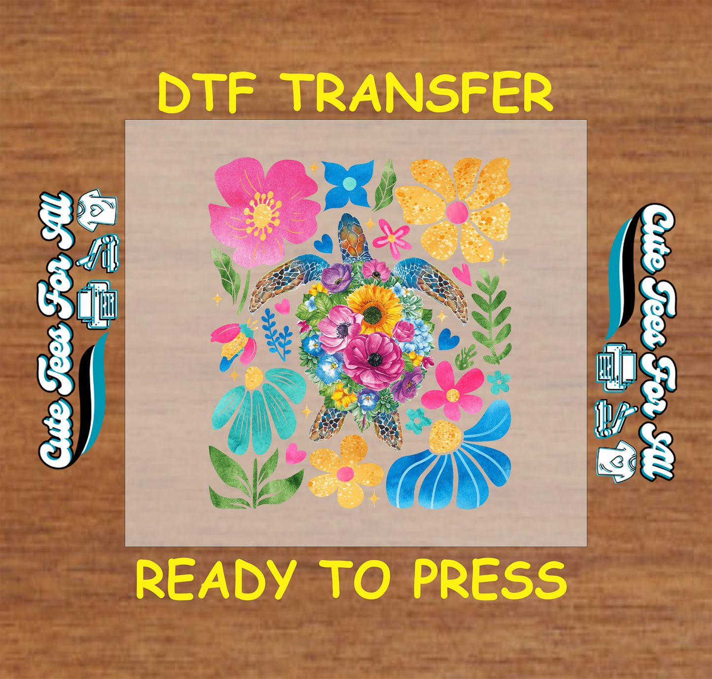 DTF transfer with a sea turtle made of colorful tropical flowers and leaves.