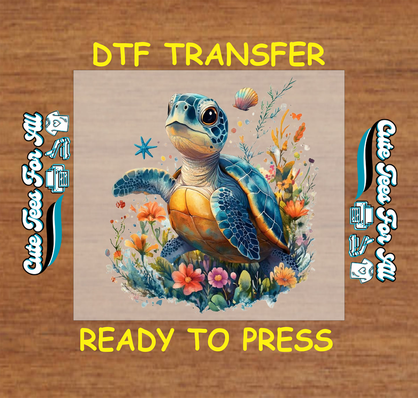 DTF transfer with sea turtle surrounded by colorful flowers and ocean elements.