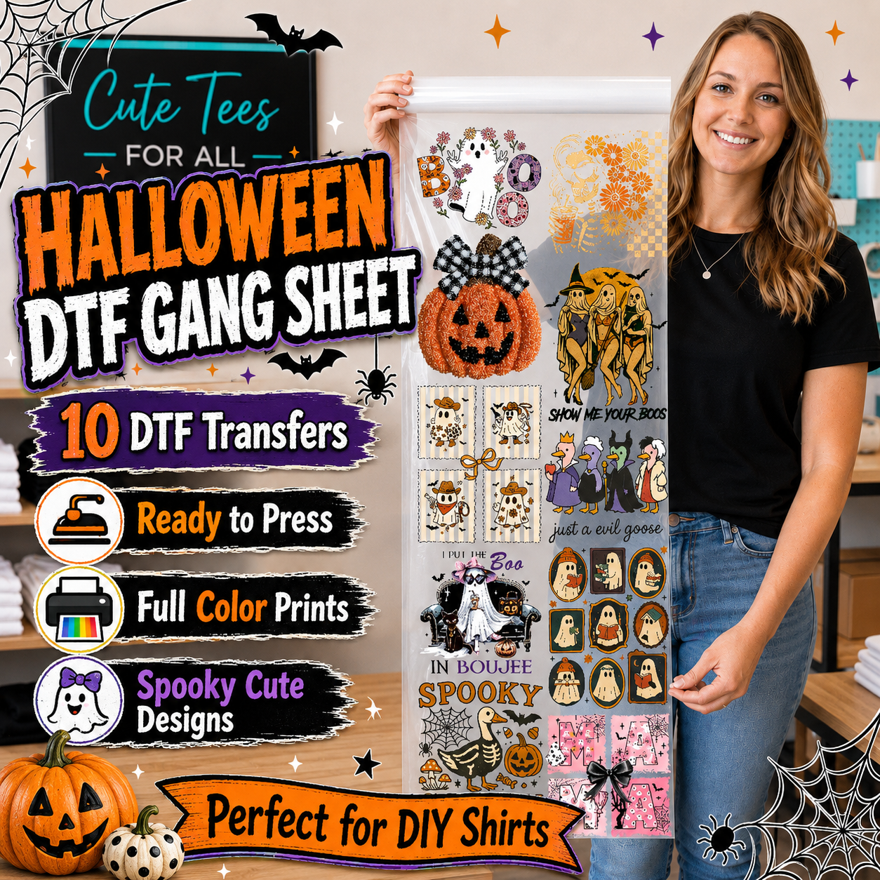 A woman holds up a large DTF gang sheet featuring various Halloween-themed graphic transfers, with promotional text overlays highlighting 'Cute Tees FOR ALL HALLOWEEN DTF GANG SHEET', '10 DTF Transfers', 'Ready to Press', 'Full Color Prints', and 'Spooky Cute Designs'.