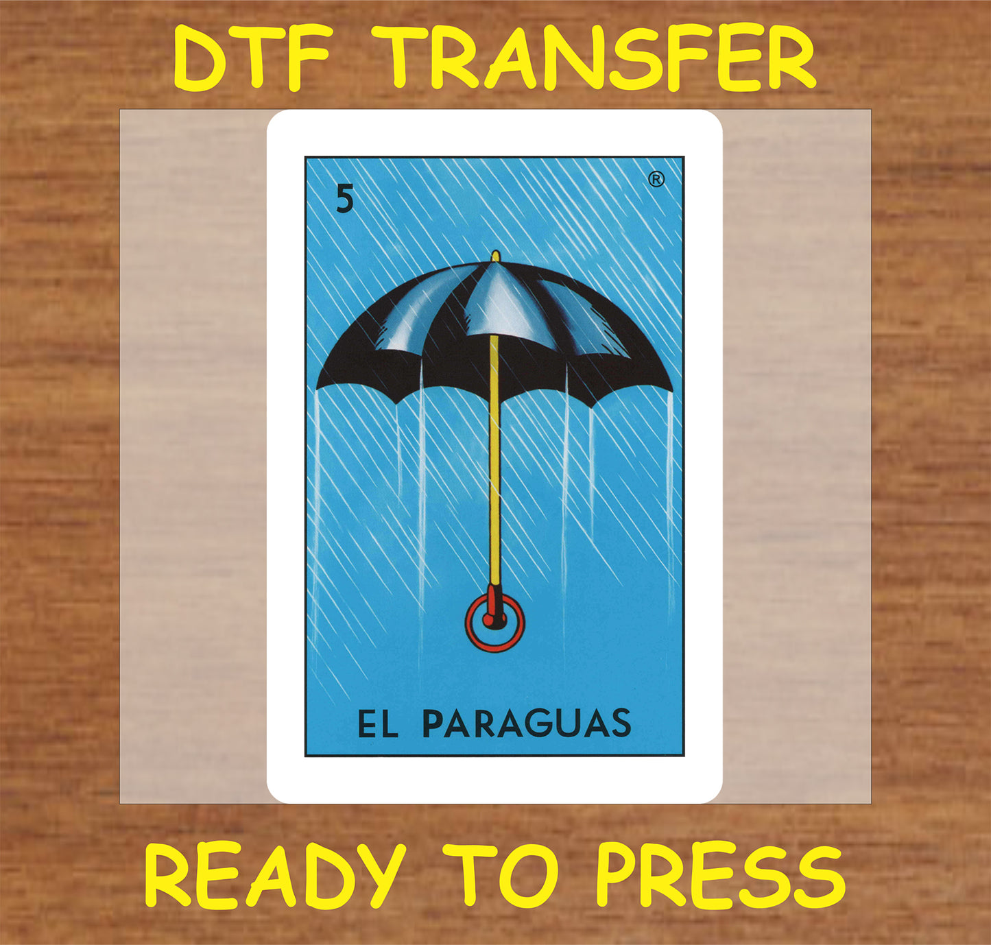 "El Paraguas DTF Transfer featuring a stylish umbrella design with raindrops."