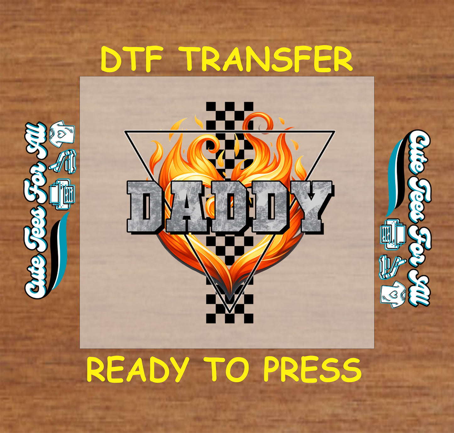 DTF transfer with flaming heart, checkered background, and “DADDY” in bold steel lettering.