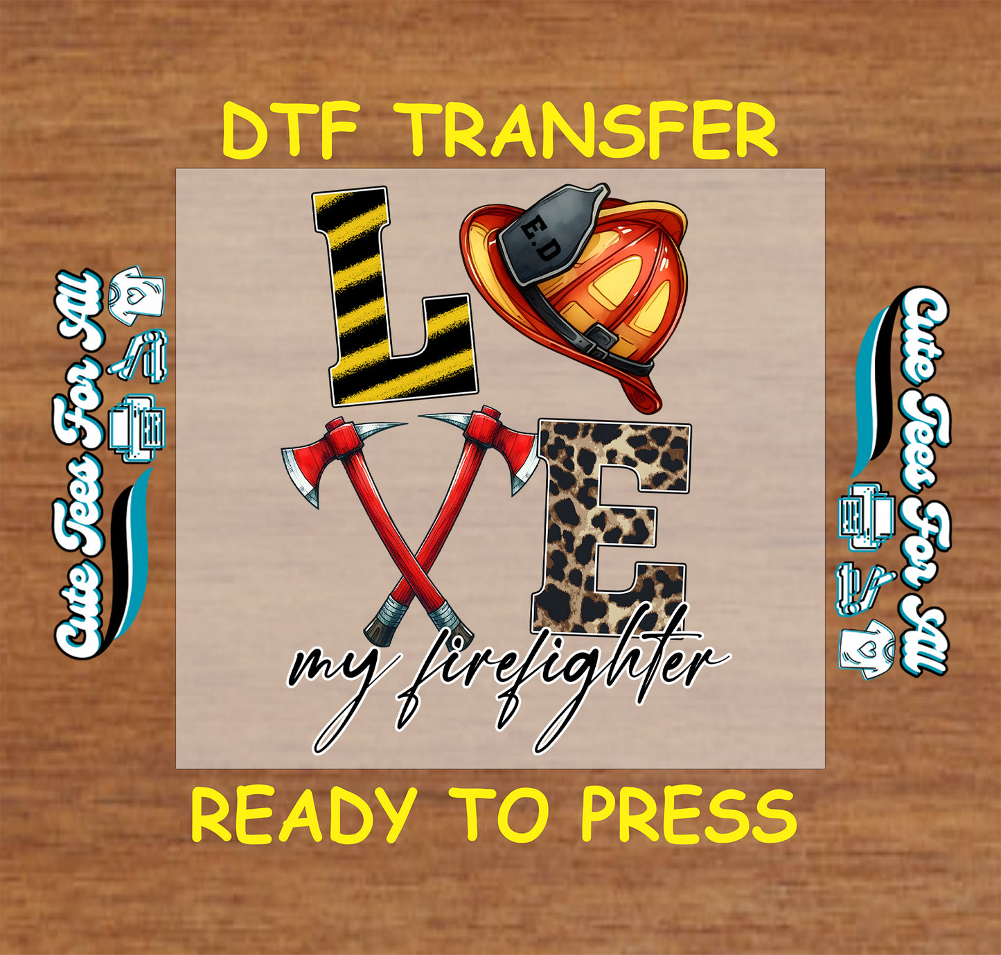 LOVE my firefighter DTF transfer with fire helmet, axes, leopard print, and script text.