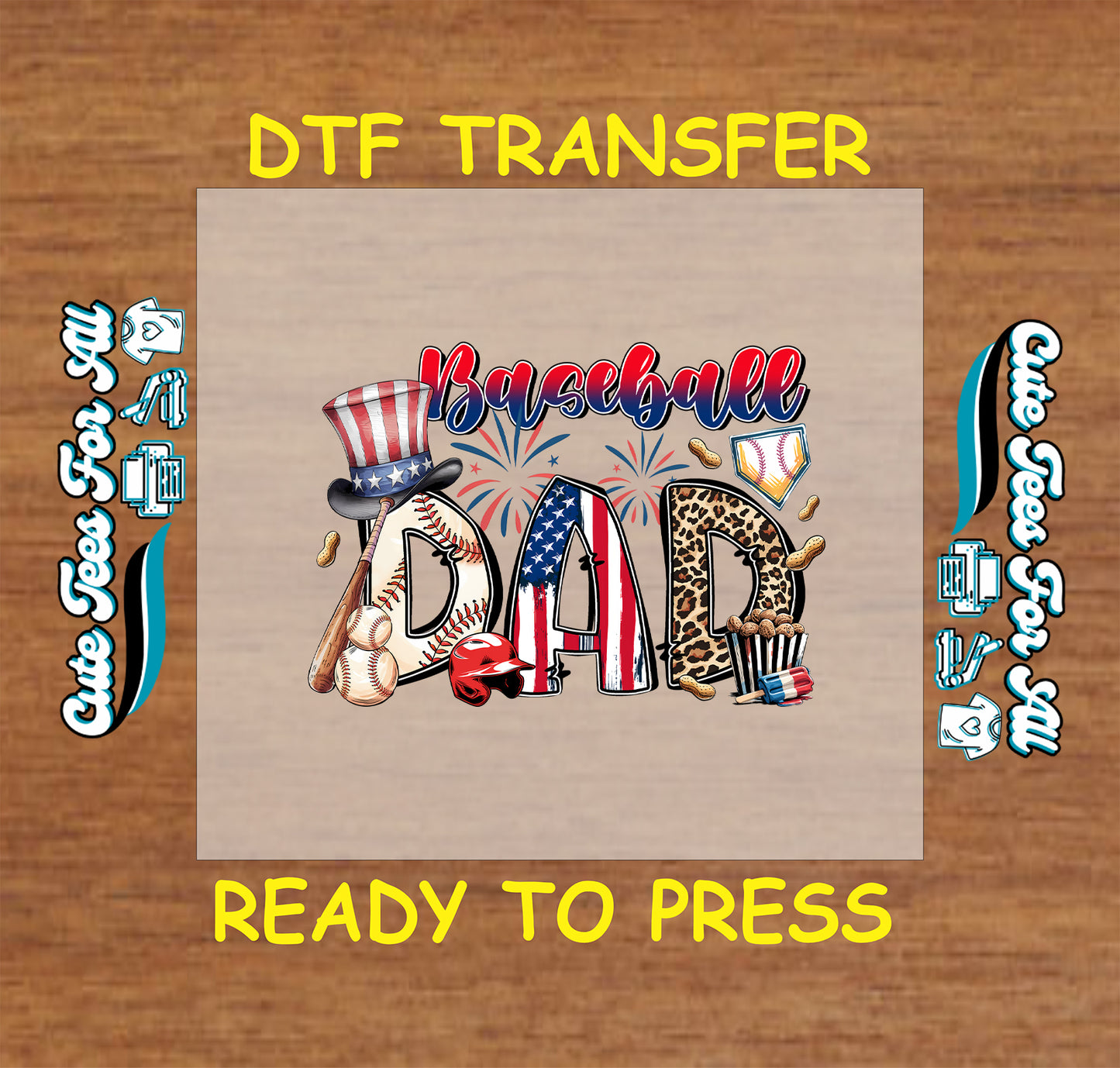 Patriotic Baseball Dad DTF transfer with red white blue lettering, leopard print, and baseball gear.