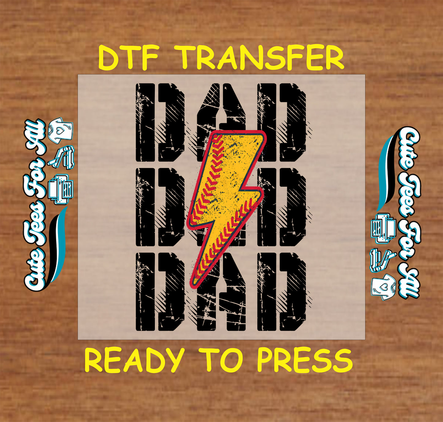 Grunge DAD text with yellow lightning bolt baseball stitching, DTF transfer ready to press.
