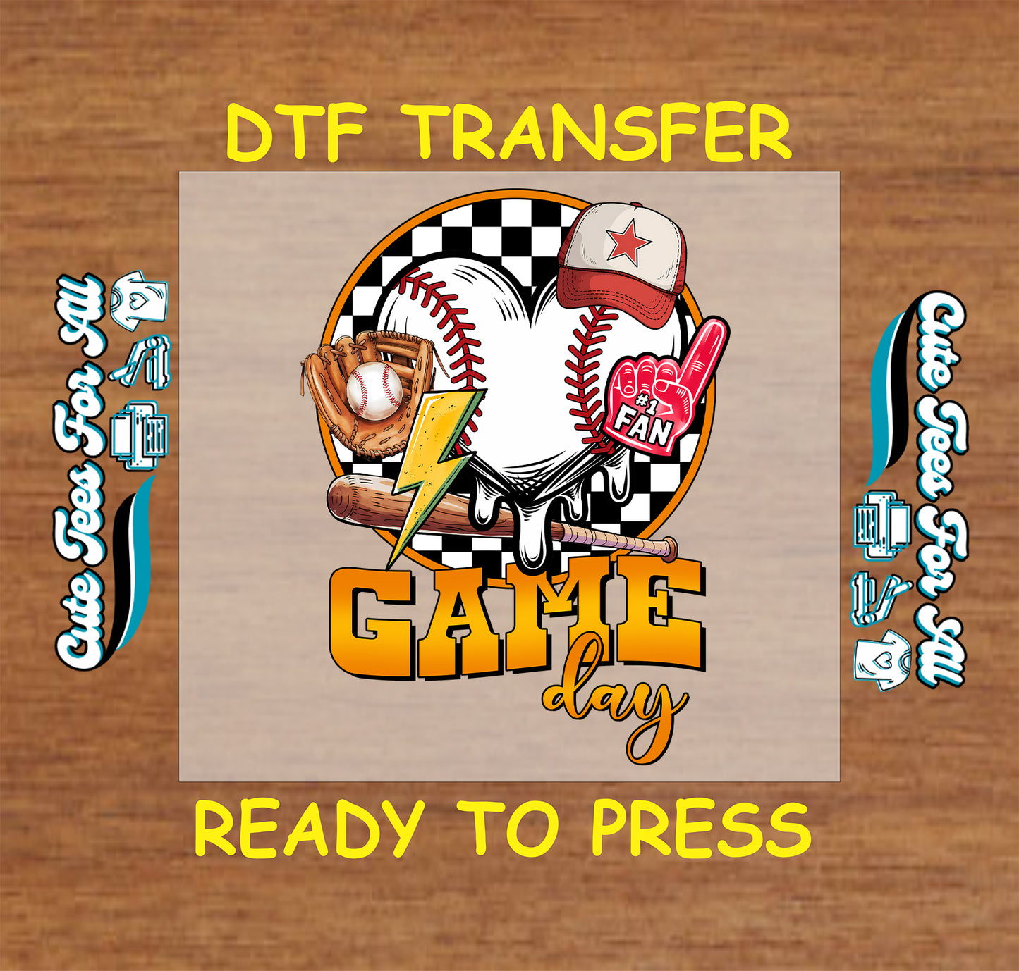 Game Day baseball heart with bat, glove, foam finger, and lightning bolt, DTF transfer.