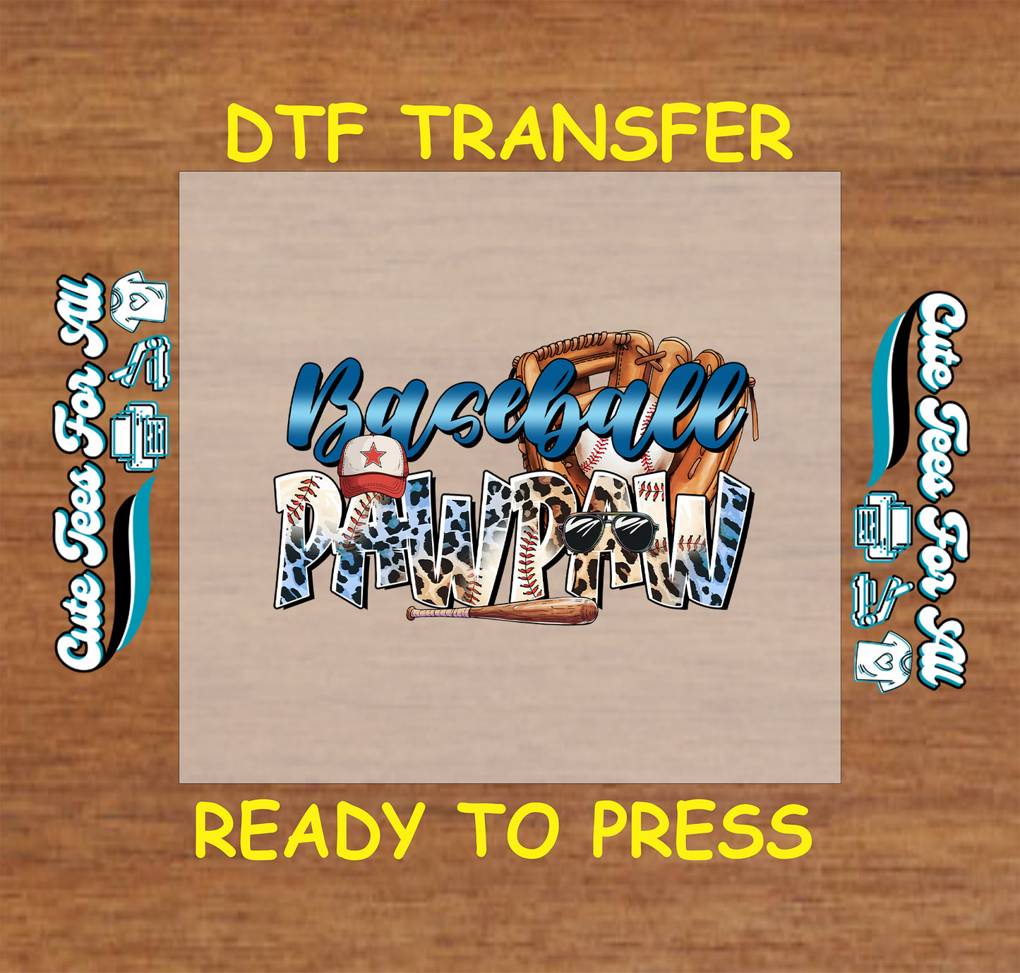 Baseball Pawpaw text with leopard print, gloves, bat, cap, and sunglasses, DTF transfer.