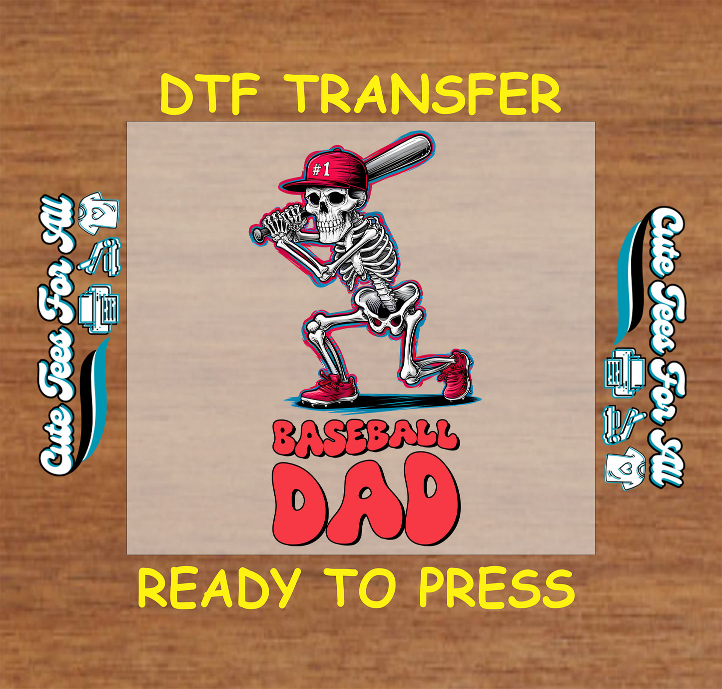Skeleton swinging bat in red hat and shoes with Baseball Dad text, DTF transfer ready to press.