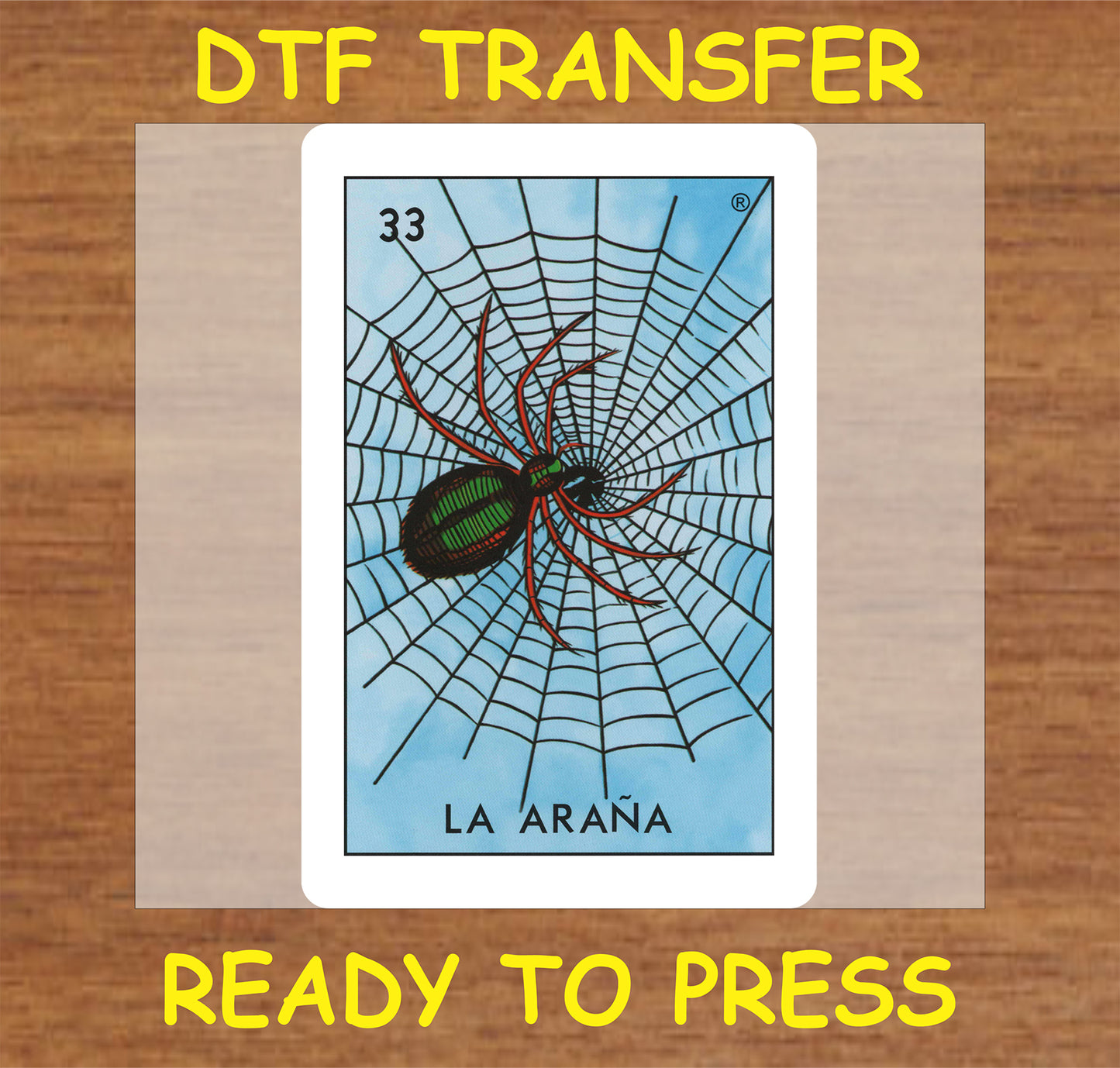 "La Araña DTF Transfer featuring a colorful spider in a web design"