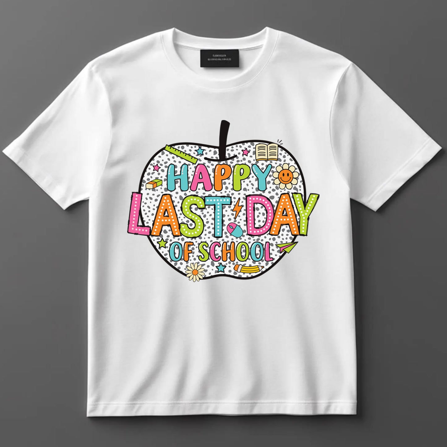Happy Last Day Of School DTF Transfer Iron On Heat Transfer - Ready to Press, Polka Dot Apple DTF Transfer 9892