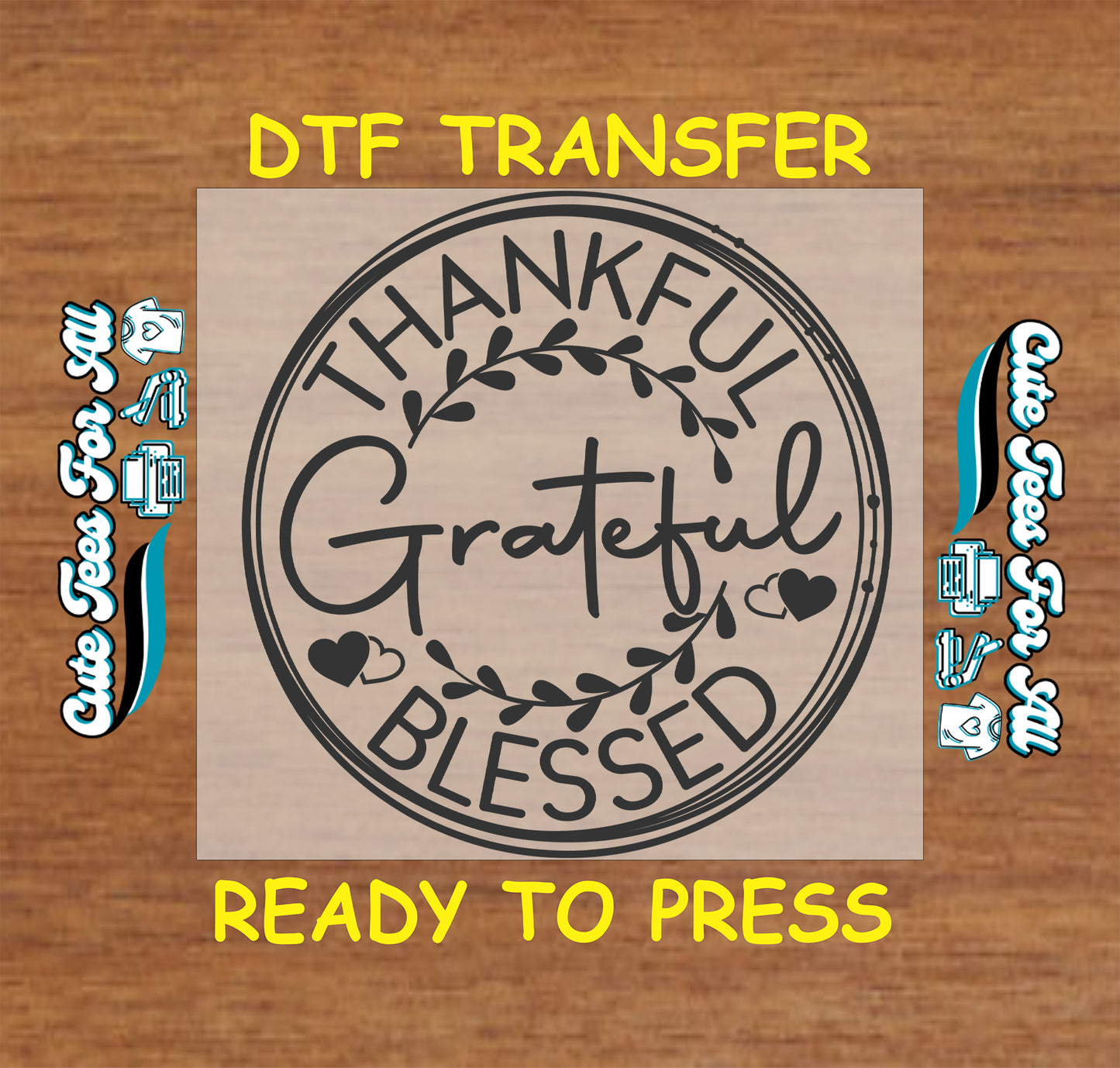Circular wreath graphic with the words “Thankful Grateful Blessed” and heart accents.