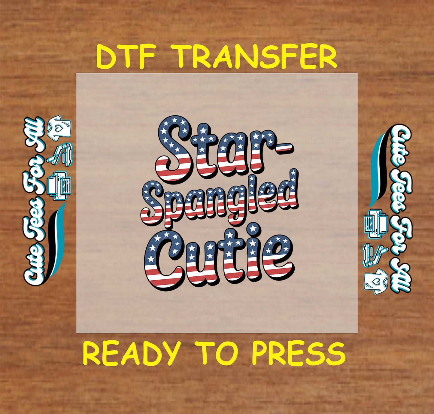 “Star-Spangled Cutie” text in red, white, and blue flag pattern with stars and stripes.