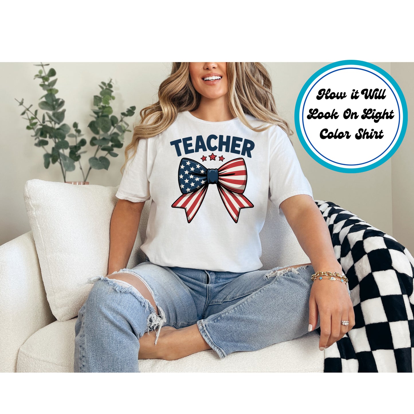 4th Of July DTF Transfer Iron On Heat Transfer - Ready to Press, Patriotic Teacher Bow DTF Transfer 9977