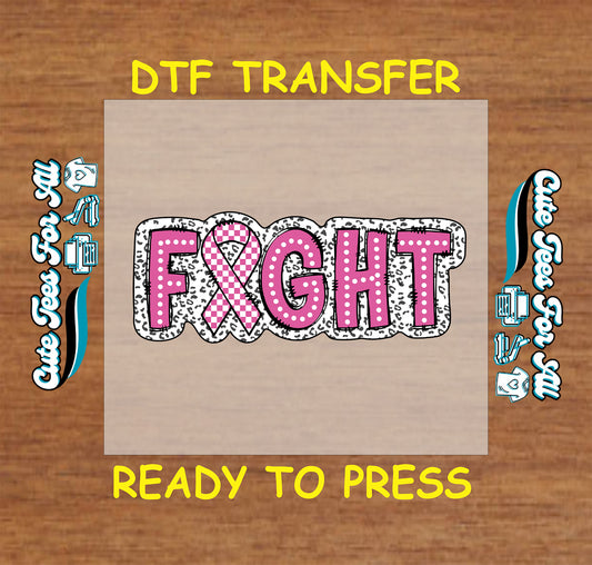 Fight DTF transfer with pink ribbon and leopard background.