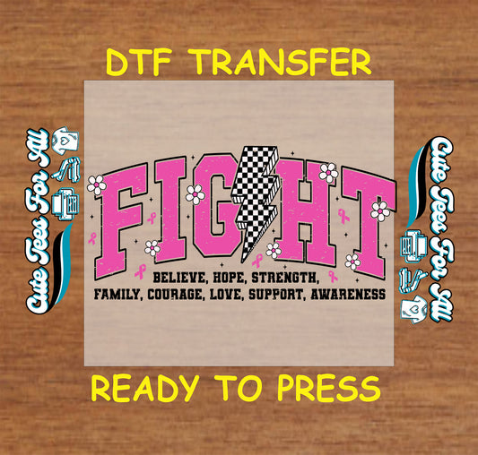 FIGHT DTF with pink letters, checkerboard lightning bolt, and breast cancer awareness text.
