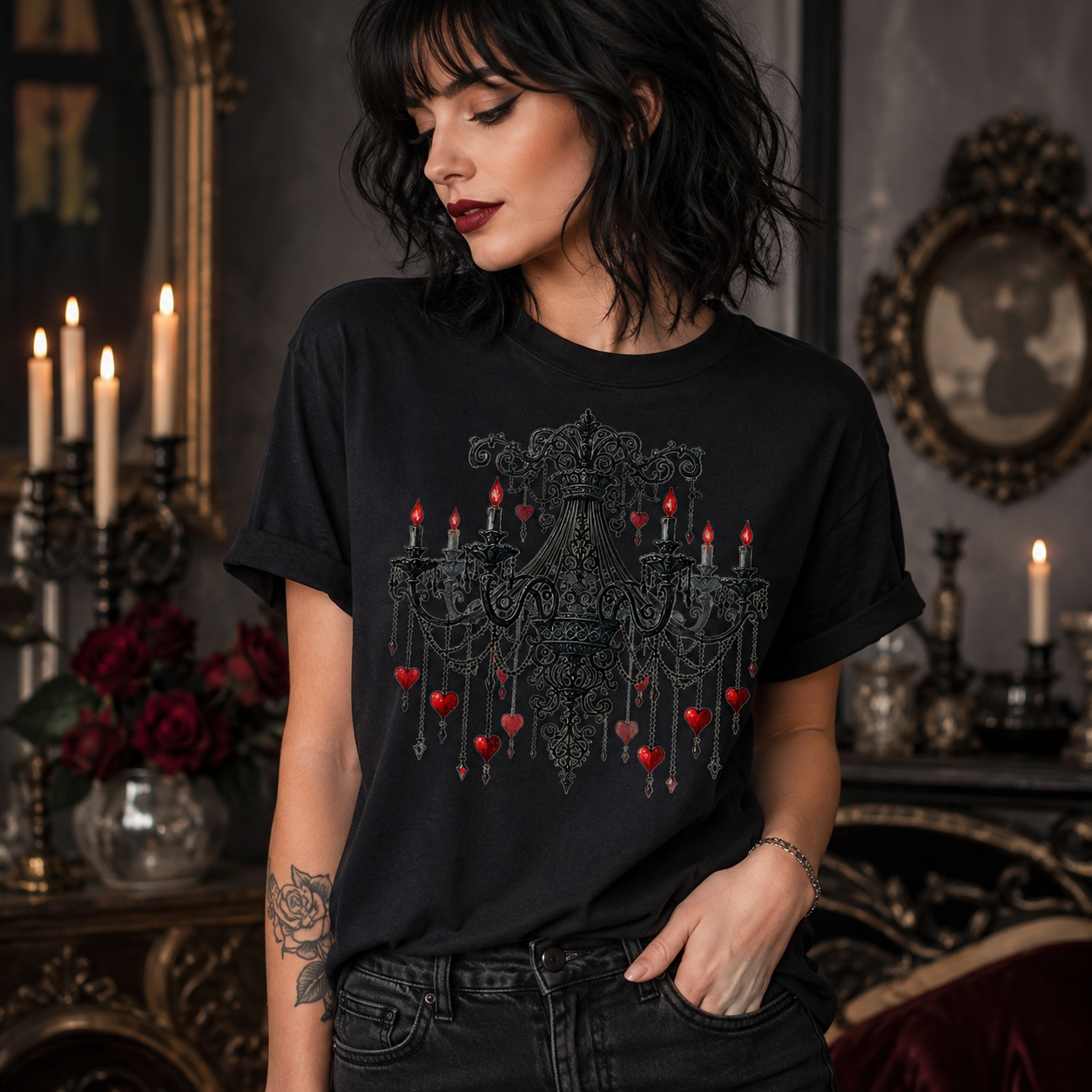 A woman wearing a black graphic t-shirt with a gothic chandelier and red heart design, posed in a dark, vintage-style room with candles.