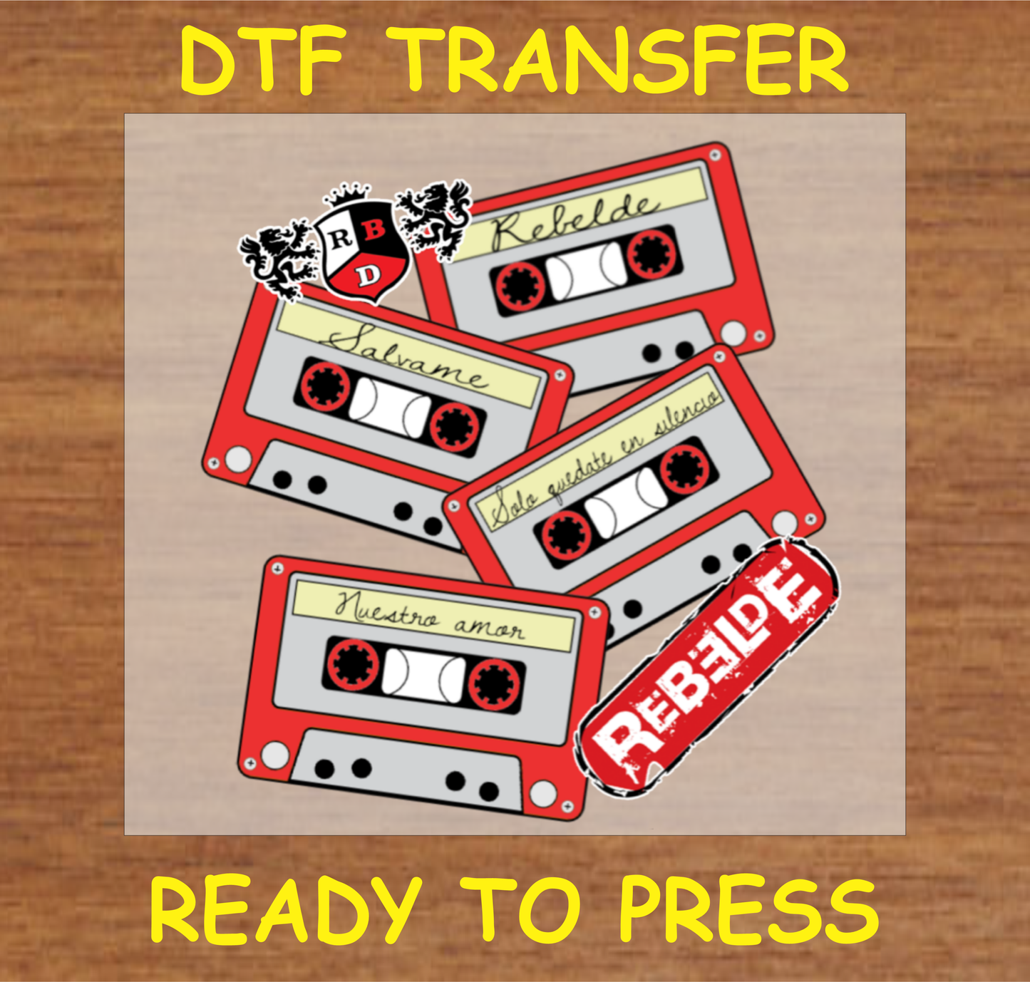 DTF transfer featuring red cassette tapes with titles of Latin Pop Group songs perfect for custom apparel.