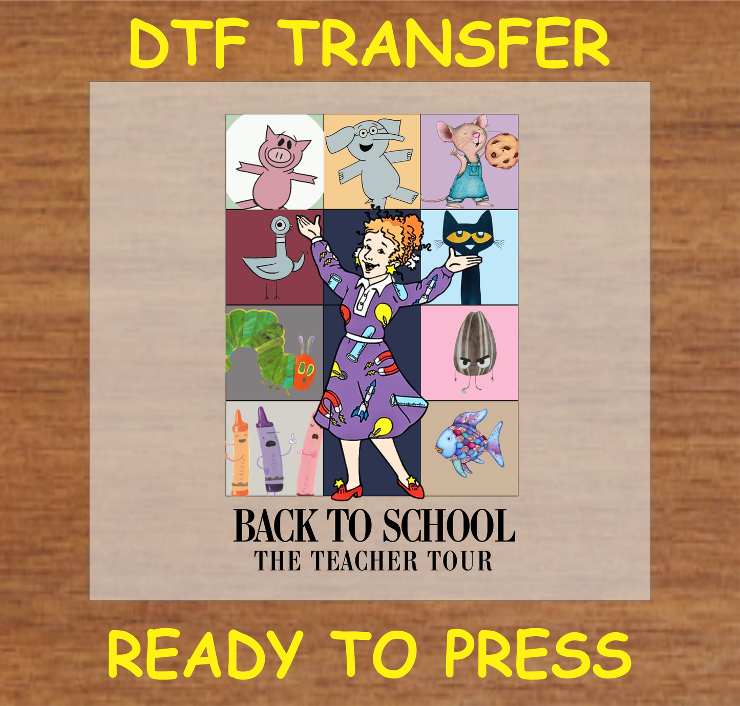 Back to School: The Teacher Tour DTF transfer with a colorful teacher and classroom-themed elements, ready to press