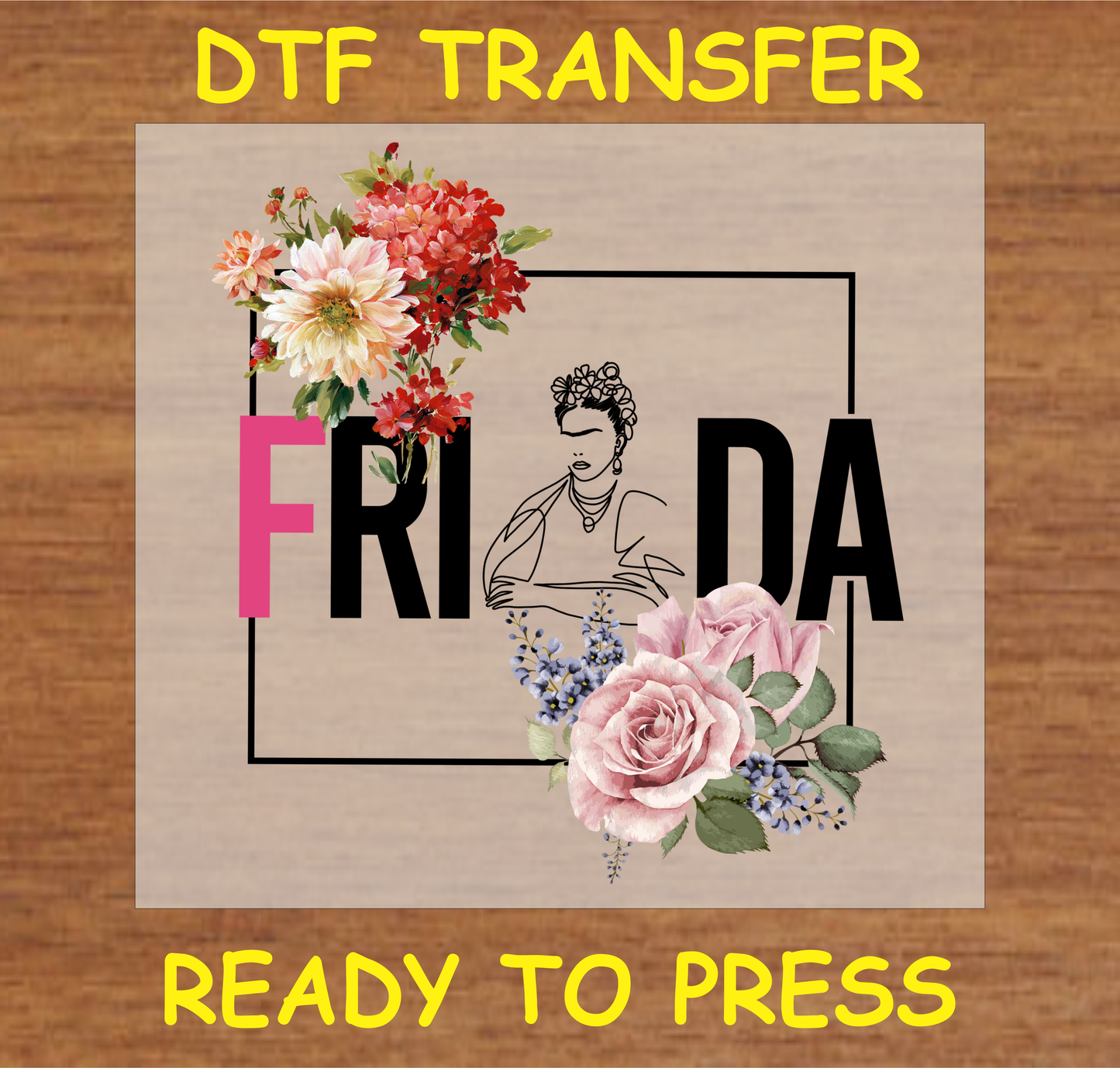 Floral line art DTF transfer with bold text and vibrant flowers, ready to press