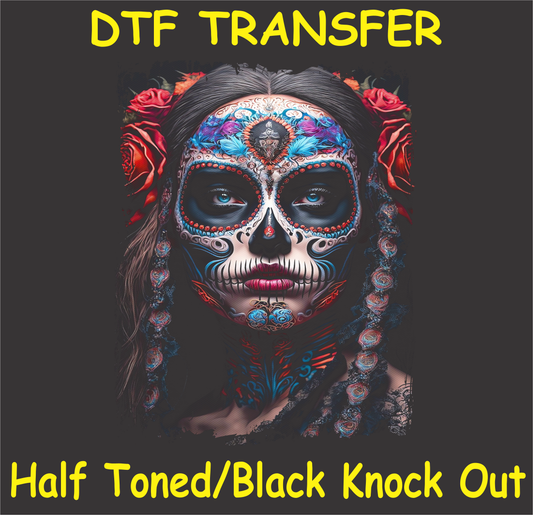 Vibrant sugar skull with floral and intricate patterns, Día de los Muertos inspired DTF transfer.