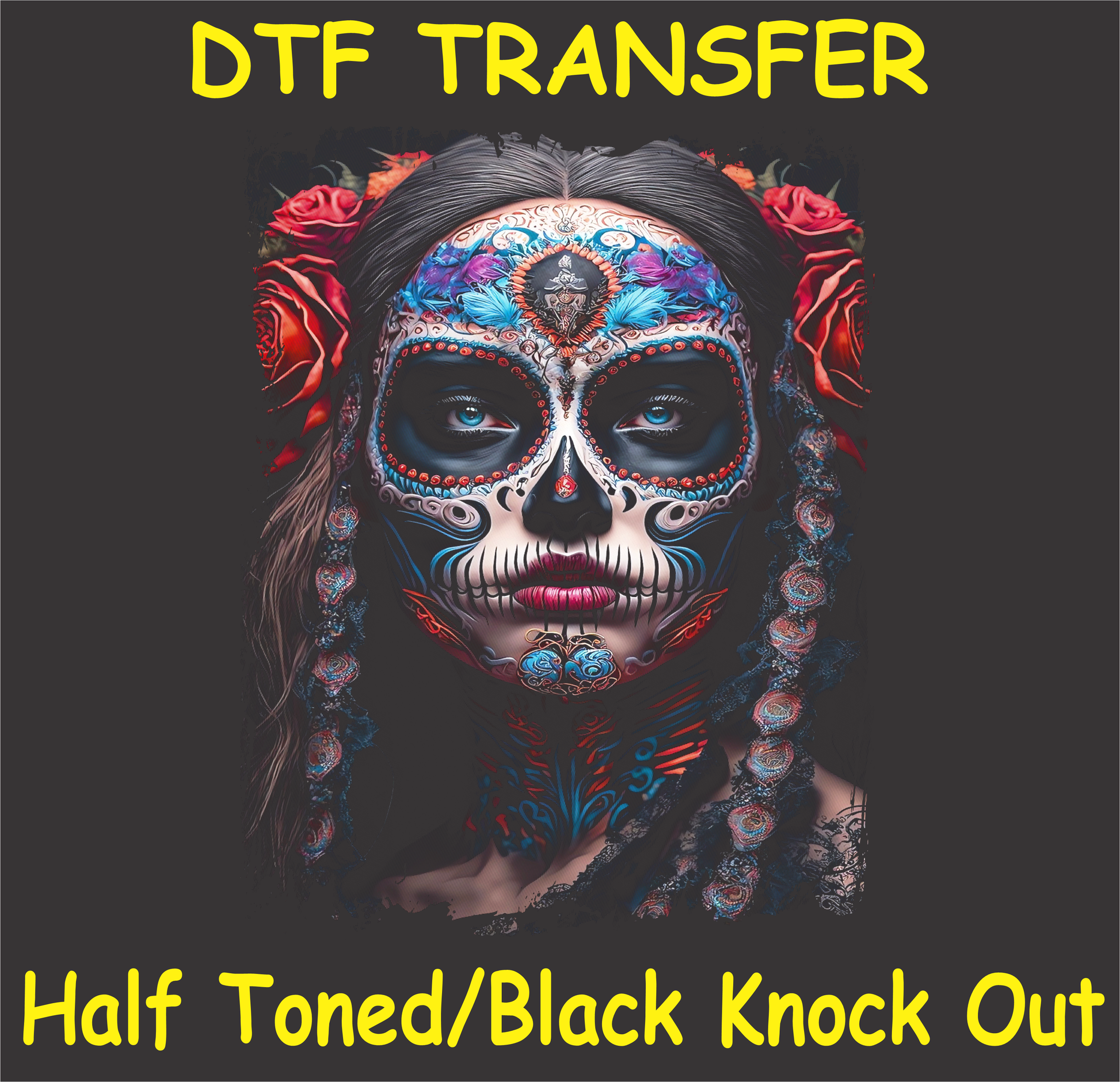 Vibrant sugar skull with floral and intricate patterns, Día de los Muertos inspired DTF transfer.