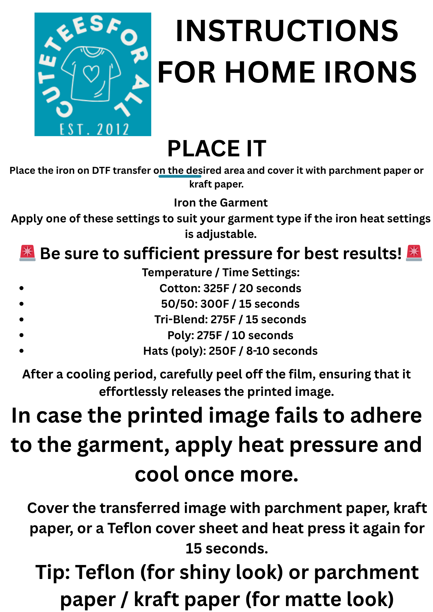 Instructions for home ironing transfers on a garment with a blue logo at the top left corner.