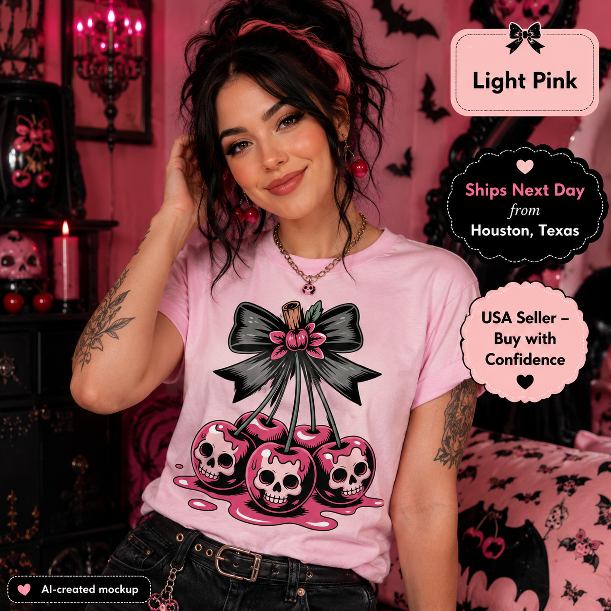 A woman wearing a light pink graphic t-shirt with a skull and heart cherry design, set against a dark, gothic-themed room background with pink accents. Text overlays on the image highlight the product's color as 'Light Pink' and include shipping and seller information.