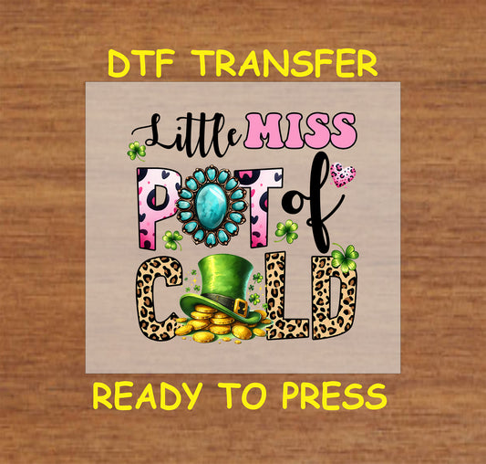 St. Patrick’s Pot of Gold DTF transfer with leopard print, turquoise details, and a green leprechaun hat.