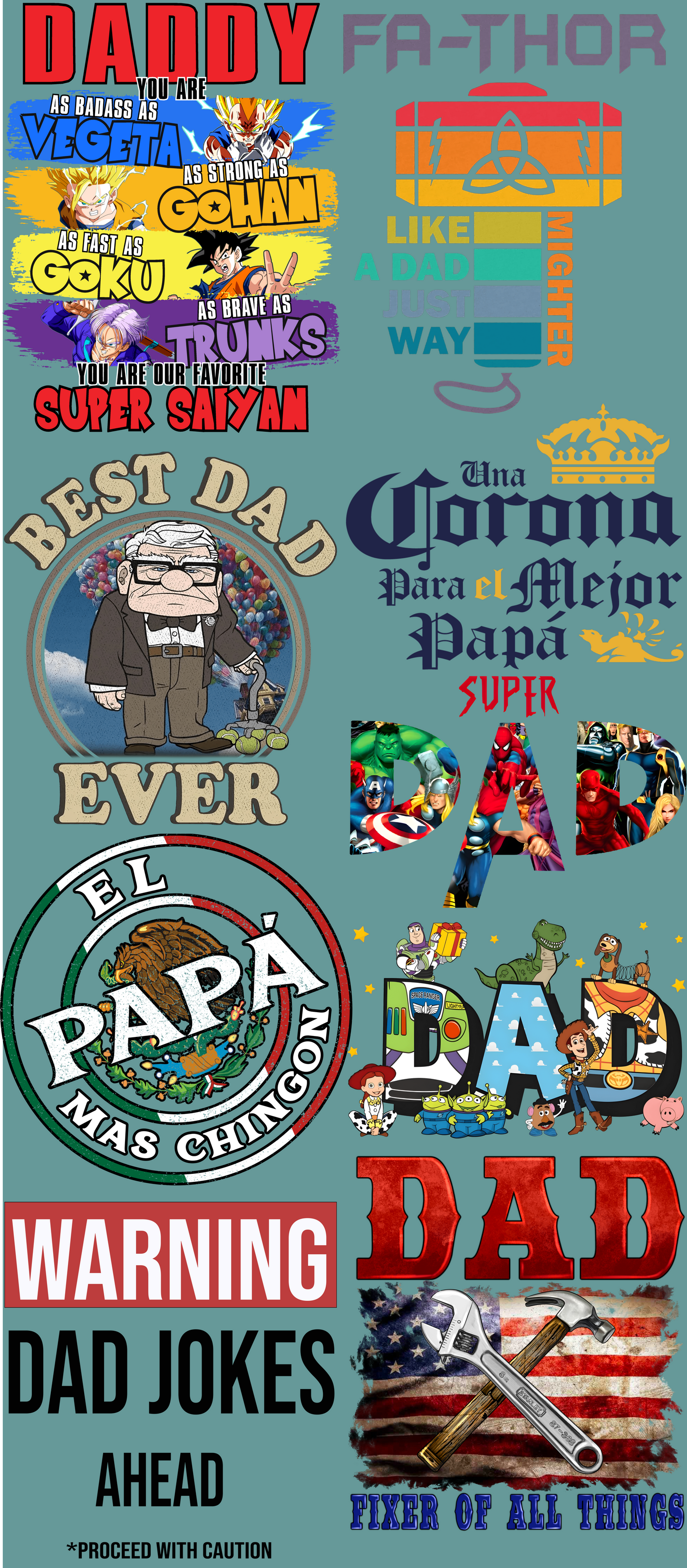 A collection of colorful designs related to Father's Day, including text puns, cartoon images, and patriotic symbols.