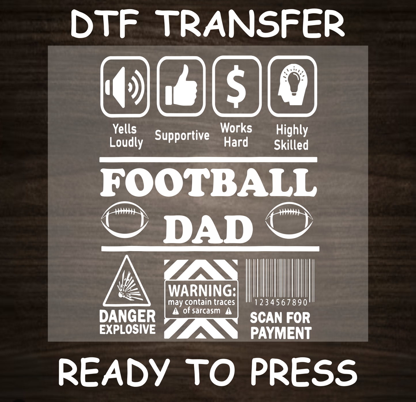 DTF Transfer Football Dad Design with Icons, Ready to Press