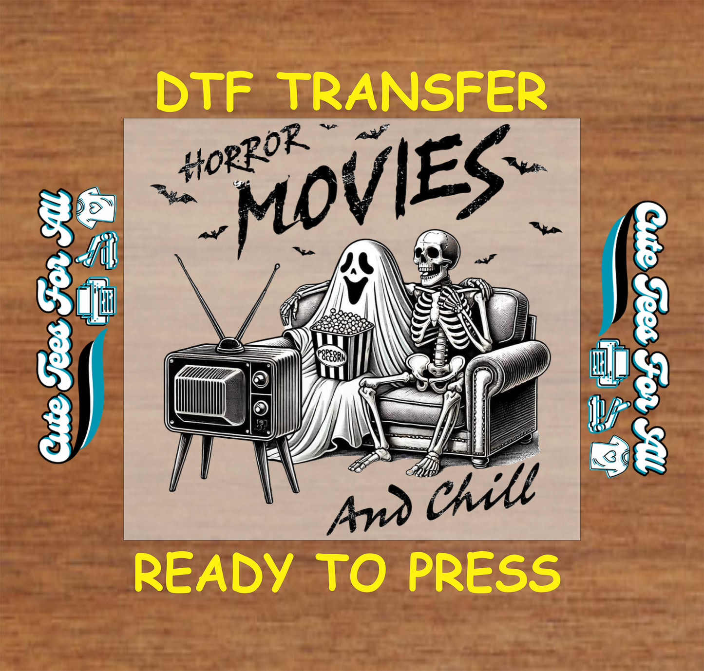 Ghost and skeleton on couch watching horror movies with popcorn and old TV, text reads Horror Movies and Chill