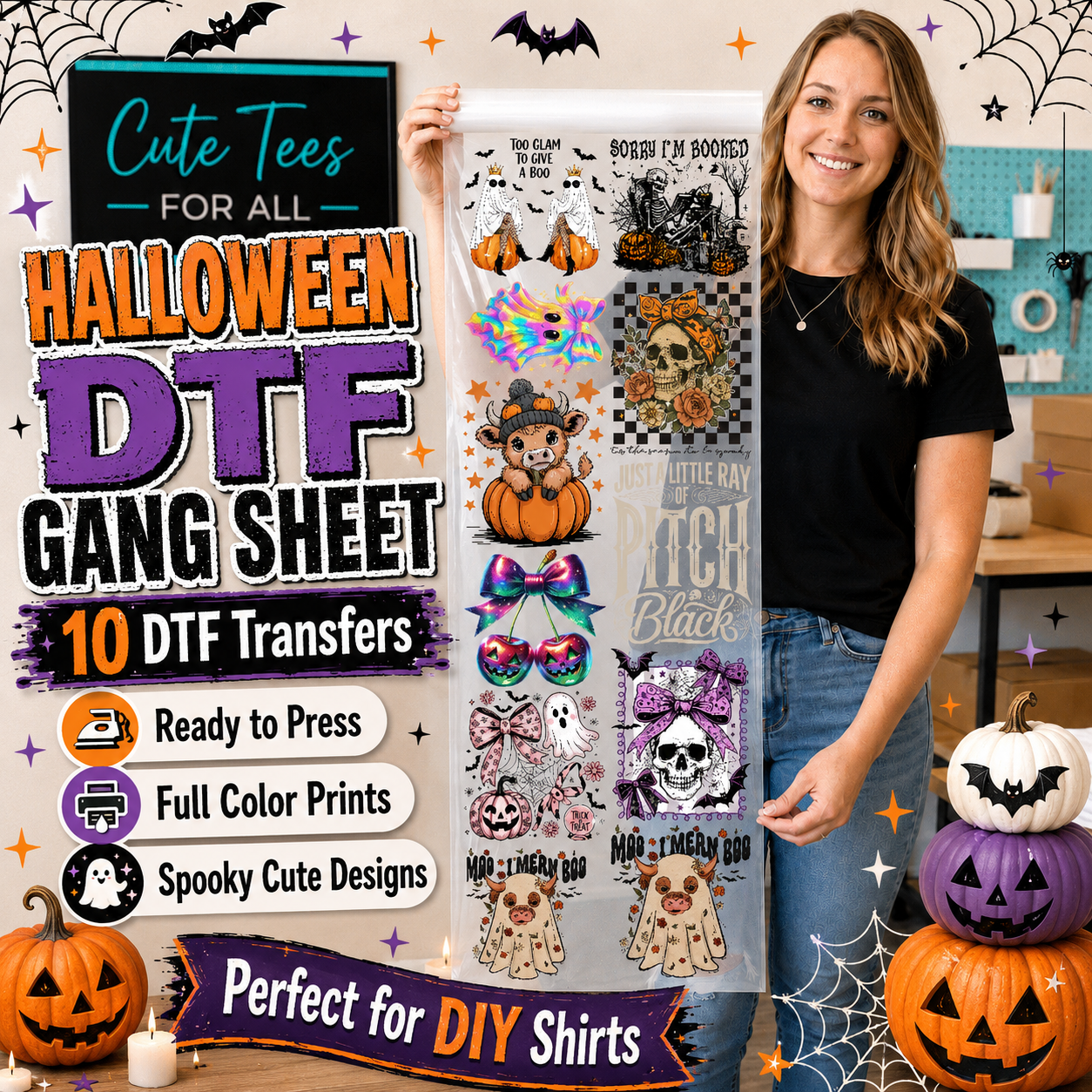 A woman stands indoors holding a tall sheet of Halloween-themed DTF transfer decals. The sheet contains colorful spooky designs including pumpkins, skulls, bats, ghosts, and text such as 'BOSSH I'M BOODED' and 'WITCH Black.